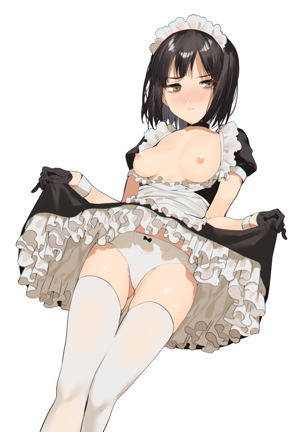 2l (2lsize), apron, black choker, black dress, black gloves, black hair, blush, bow, bow panties, breasts, brown eyes, choker, closed mouth, dress, dress lift, female, gloves, highres, lifted by self, maid, maid apron, maid headdress, medium breasts, nipples, original, panties, short hair, short sleeves, shy, simple background, solo, thigh gap, thighhighs, underwear, white background, white legwear, white panties