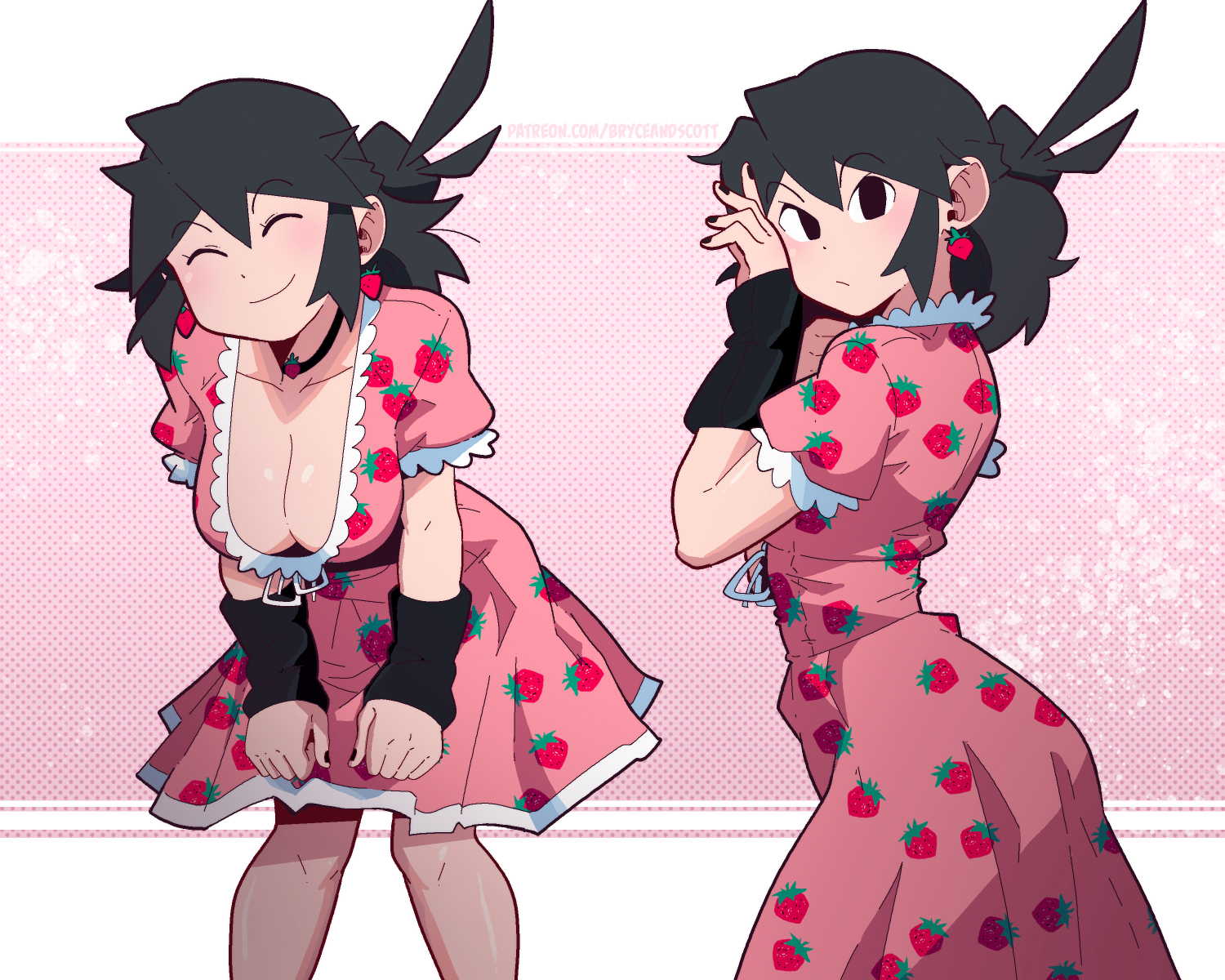 2021, ass in dress, big breasts, black hair, black nails, breasts, cleavage, cute, dress, female, leaning forward, lirika matoshi, lucia (scott malin), original, scott malin, strawberry, strawberry print, tagme