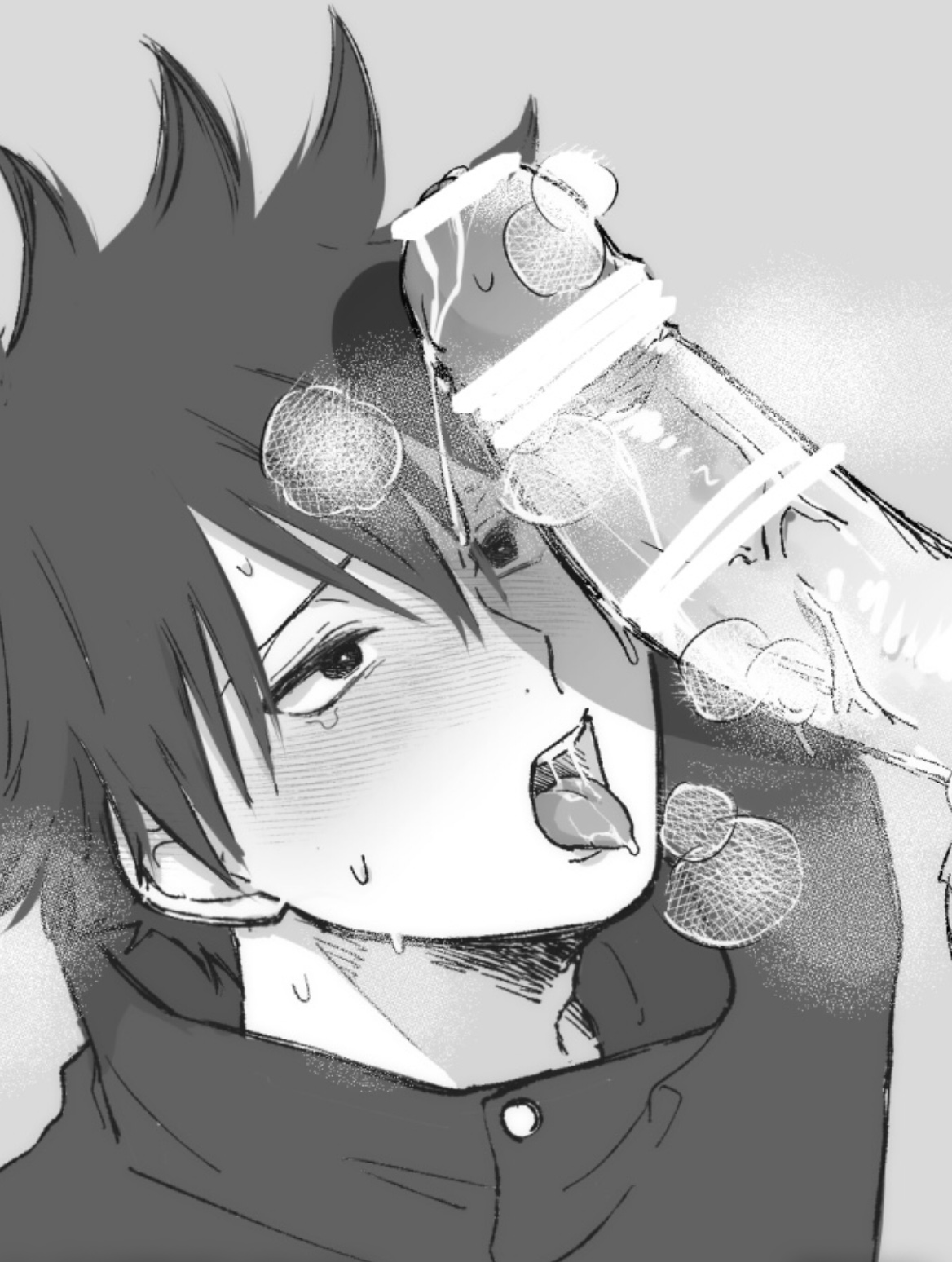 2boys, artist request, bar censor, big penis, blowjob, blush, cum in mouth, cute, fushiguro megumi, jujutsu kaisen, male, male only, penis, tongue, yaoi