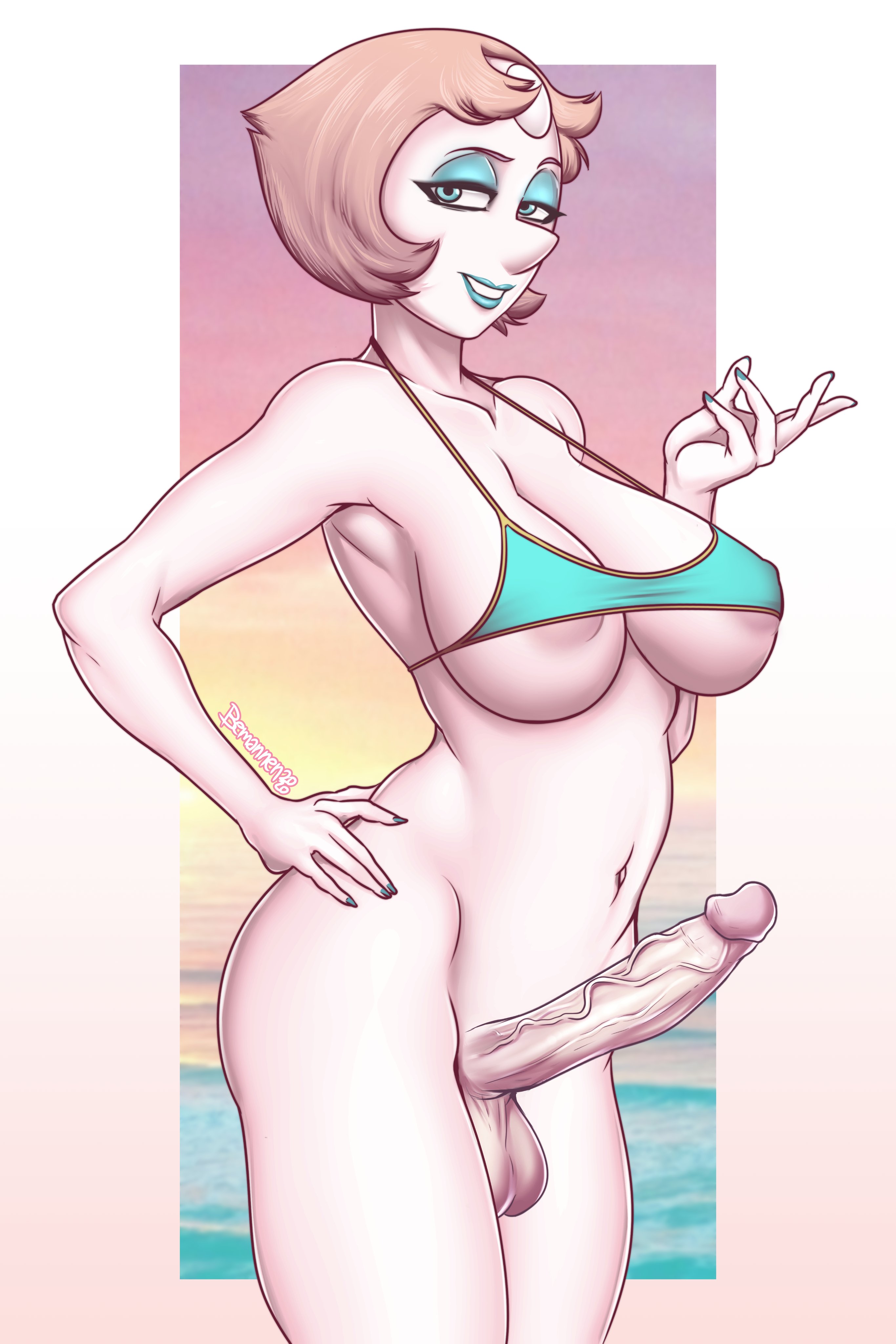 1girls, aqua eyes, ass, bemannen, breasts, cleavage, curvy, dickgirl, erect nipples, female, futa only, futanari, gem (species), huge areolae, huge ass, huge breasts, intersex, nipples, pearl (steven universe), penis, puffy nipples, short hair, steven universe, thick lips, voluptuous, wide hips