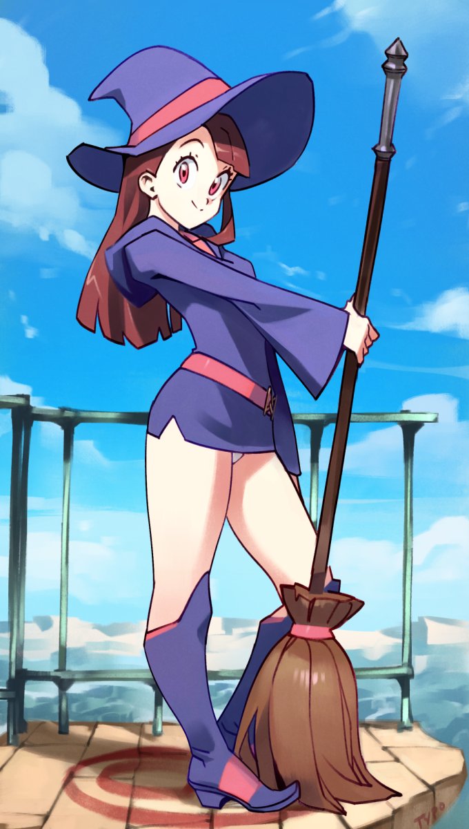 1girls akko_kagari atsuko_kagari brown_hair dress female female_focus female_only female_protagonist kagari_atsuko little_witch_academia optionaltypo outdoors panty_peek pantyshot pantyshot_(standing) red_eyes short_skirt solo studio_trigger thighs witch_hat