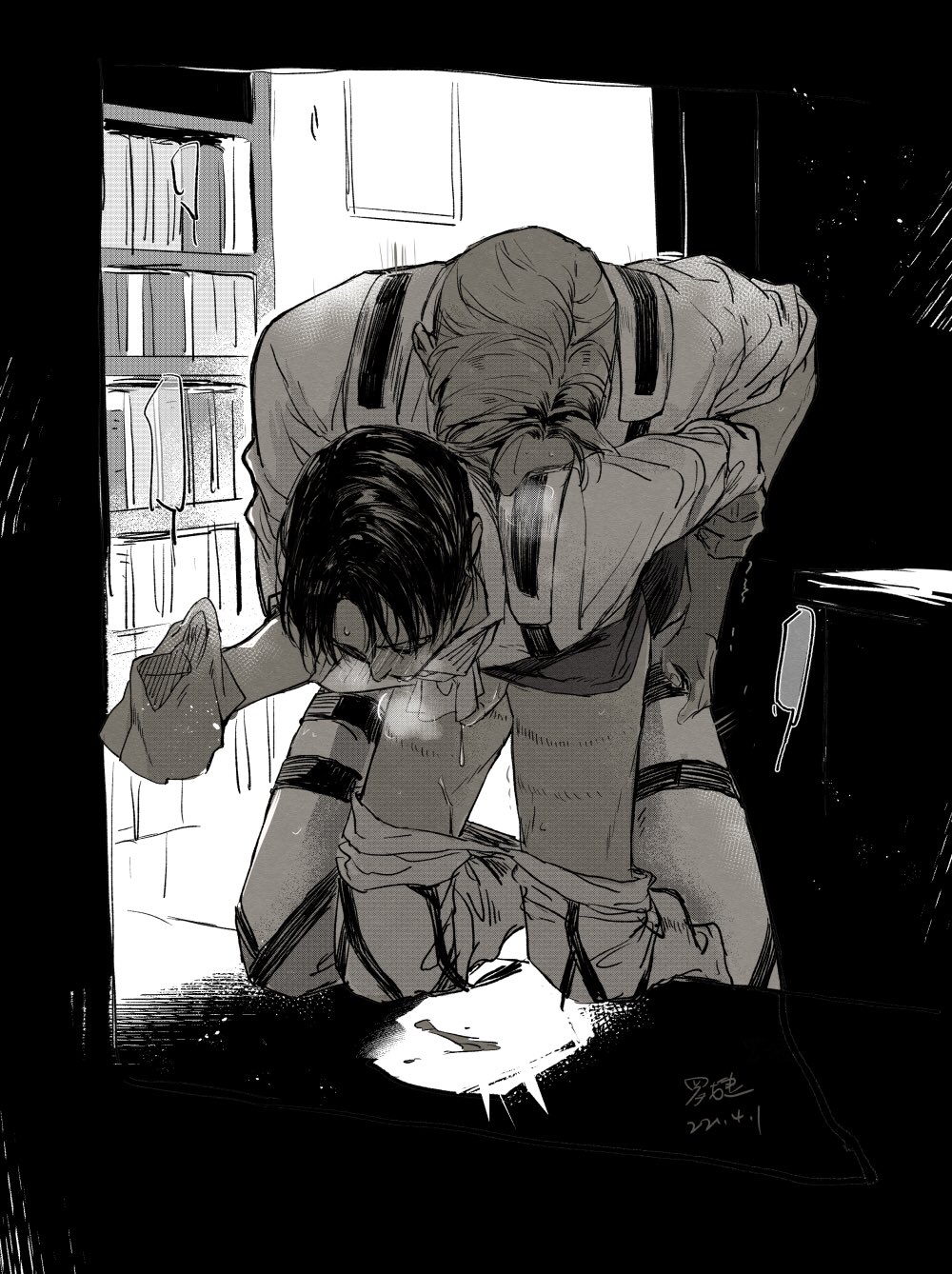 2boys, anal, anal sex, attack on titan, bodily fluids, clothing, cum, dripping, dripping cum, erwin smith, gay, genital fluids, genitals, harness, head on shoulder, levi, levi ackerman, male, male penetrated, male penetrating, male penetrating male, male/male, pants down, penis, sex from behind, shingeki no kyojin, size difference, yaoi
