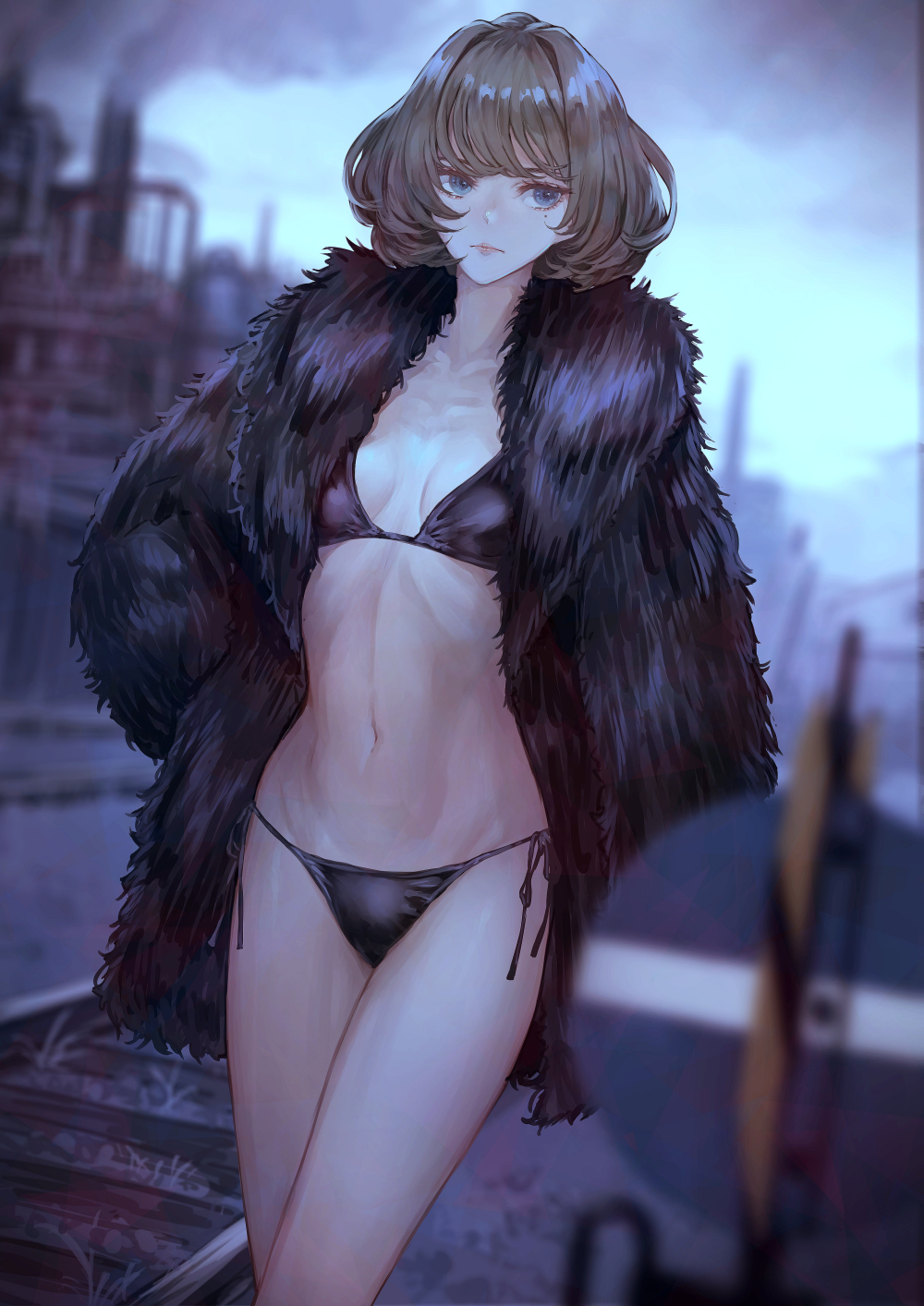 1girls 2d 2d_(artwork) bikini blue_eyes brown_hair clothed clothing coat female female_only fur_coat hands_behind_back idolmaster idolmaster_cinderella_girls kaoming partially_clothed posing short_hair small_breasts solo solo_female takagaki_kaede