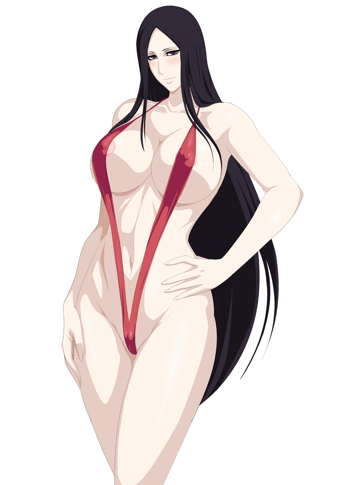 1girls, areolae, bare shoulders, black hair, bleach, breasts, cameltoe, female, female only, hair down, large breasts, lime (purple haze), long hair, looking at viewer, loose hair, mature, mature female, nipples, posing, pussy, revealing clothes, simple background, skimpy, skimpy clothes, sling bikini, smile, swimsuit, unohana retsu, very long hair, visible nipples, white background, wide hips