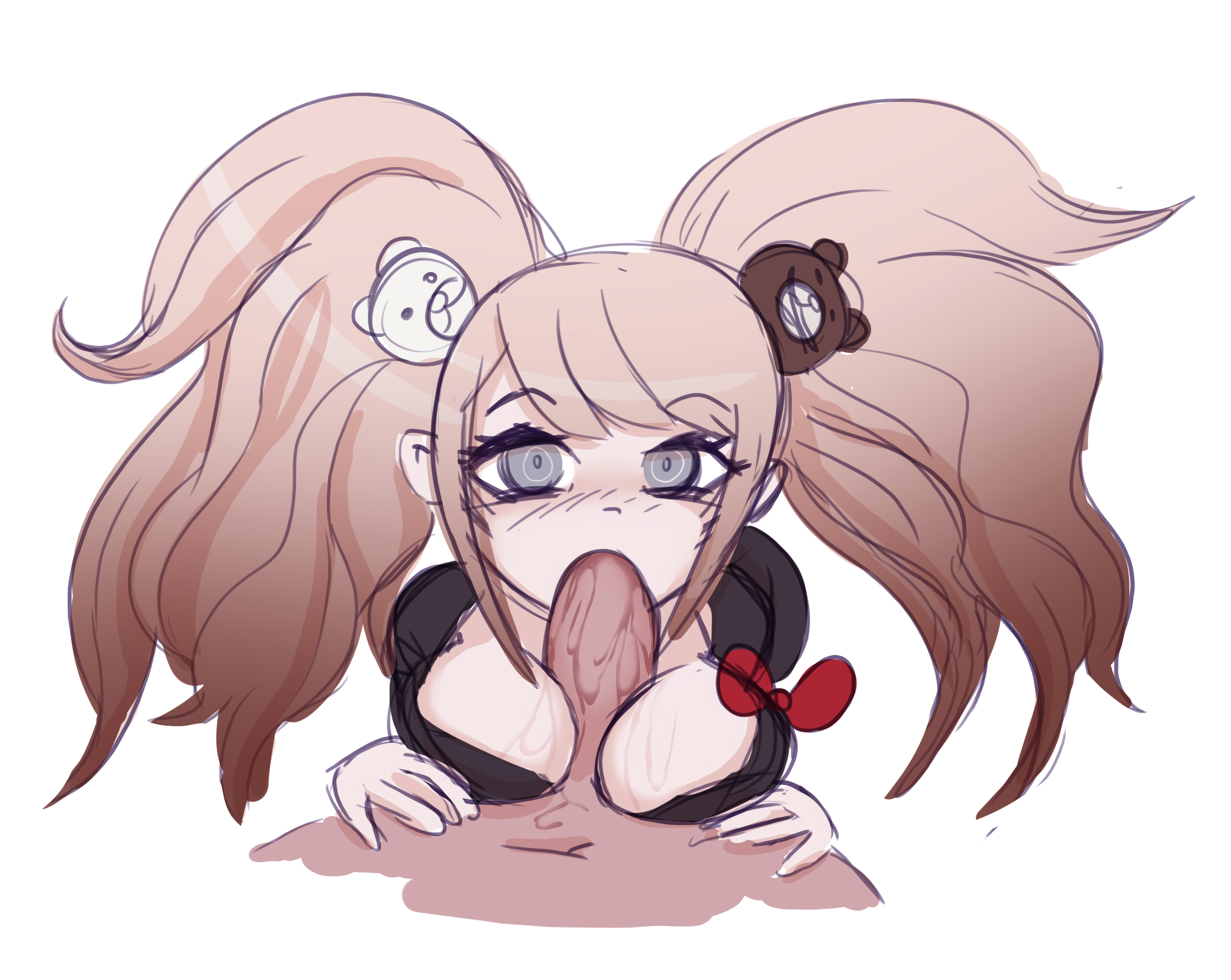 blonde hair, blowjob, blue eyes, breasts, danganronpa, drool on breasts, drooling, faceless male, fellatio, female, gyaru, hairclip, izzybsides, junko enoshima, looking at viewer, male, paizuri, ribbon, straight hair, titjob, twintails