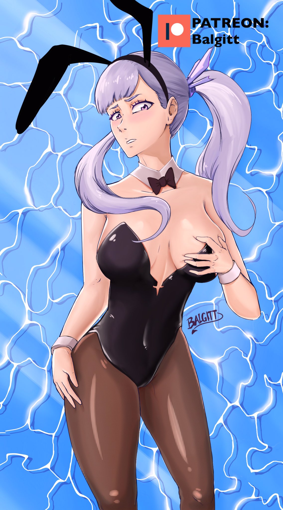 1girls, animal ears, balgitt, black clover, blush, breast grab, breasts, bunny ears, bunnysuit, cleavage, commission, female, female focus, female only, front view, hand on breast, hourglass figure, leotard, long hair, looking down, medium breasts, noelle silva, pantyhose, parted lips, petite, pink eyes, pose, silver hair, small fringe, solo, solo female, standing, teenager, thick thighs, thighs, tight clothing, twintails, watermark