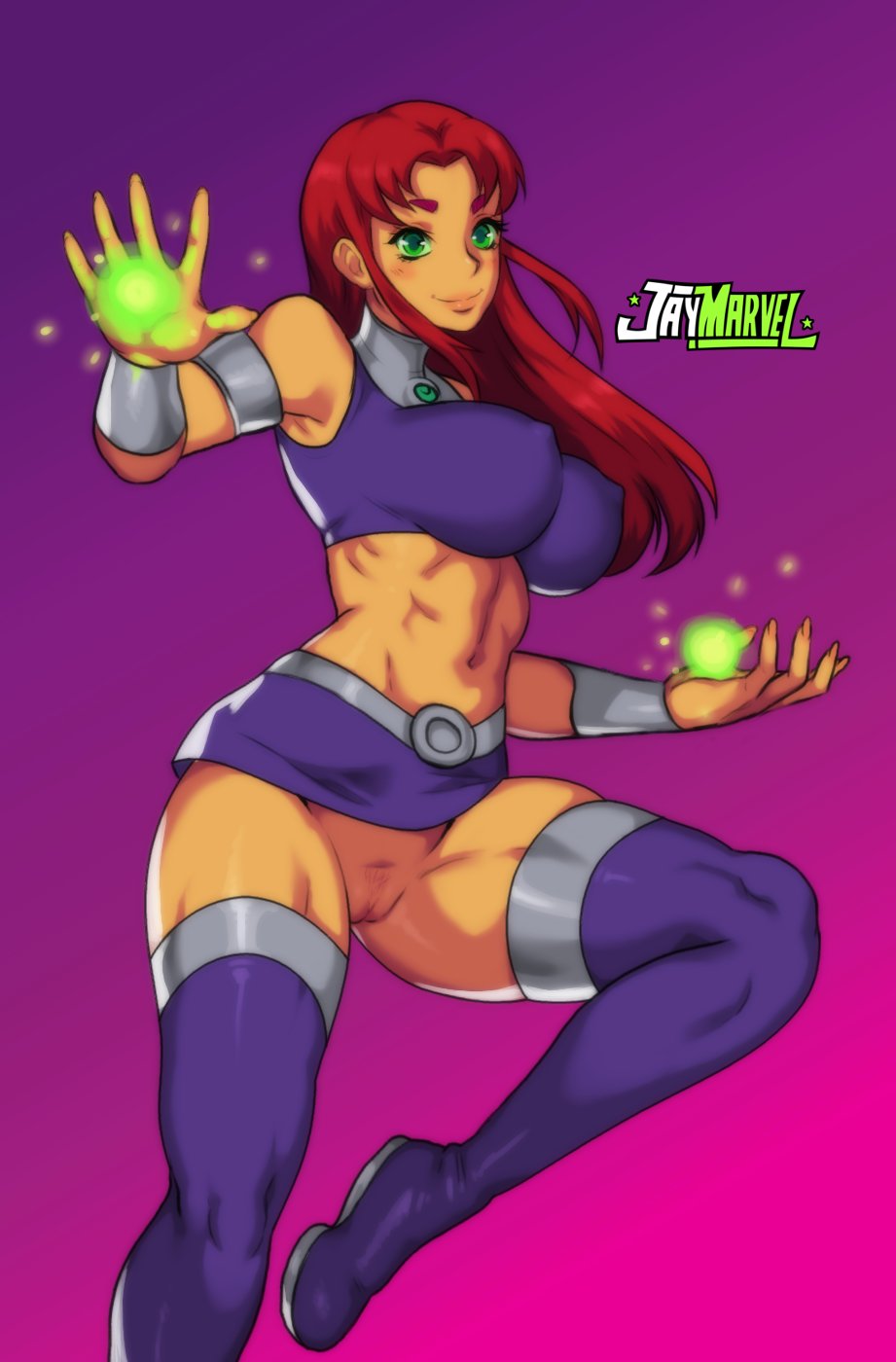 1girls, 2021, ass, big breasts, boots, breasts, cartoon network, dc, dc comics, female, female only, green eyes, jay-marvel, looking at viewer, no panties, pussy, red hair, signature, smile, solo, starfire, tamaranean, teen titans, text, thick thighs