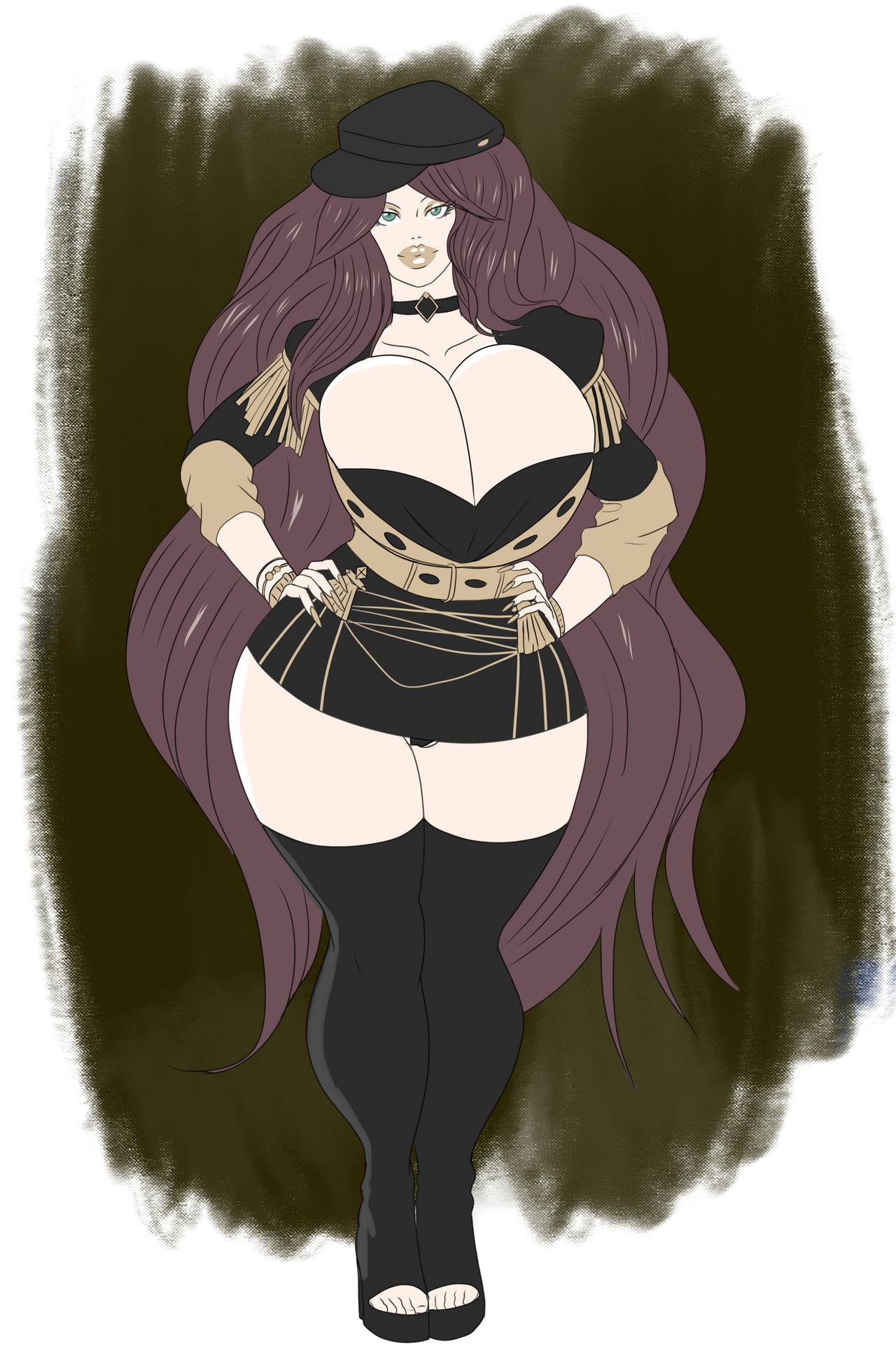 1girls, alternate body type, alternate breast size, annon, bimbo, bimbofication, black headwear, black legwear, black panties, bracelet, breasts, brown hair, bursting breasts, choker, cleavage, dorothea arnault, eyeshadow, female, female only, fire emblem, fire emblem: three houses, garreg mach monastery uniform, green eyes, hands on hips, hat, high heels, huge breasts, large breasts, lipstick, long fingernails, long hair, looking at viewer, makeup, nail polish, nintendo, panties, pantyshot, pantyshot (standing), school uniform, seductive, seductive smile, skirt, solo, thick thighs, thighhighs, uniform, upskirt, very long hair, wide hips