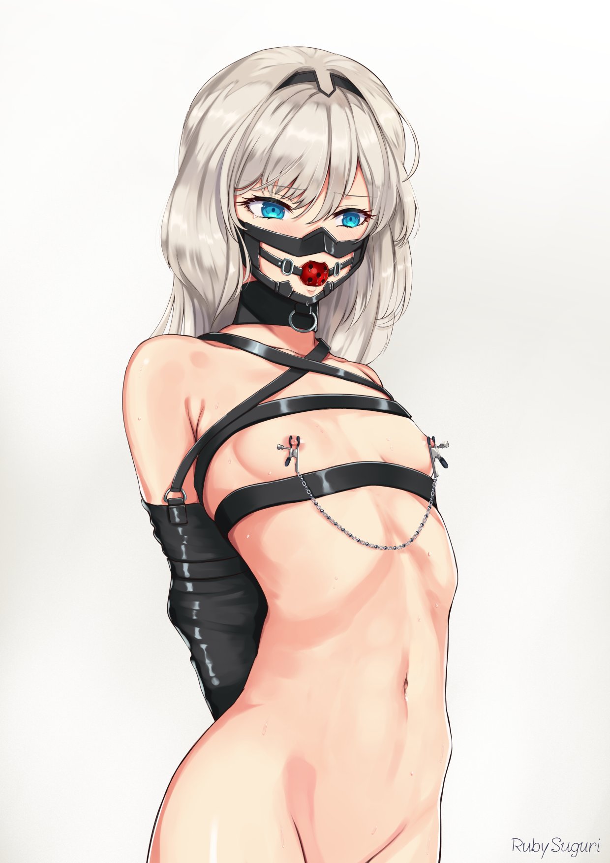 an-94_(girls'_frontline) bangs blue_eyes bondage breasts chains choker drooling eyebrows eyebrows_visible_through_hair female flat_chest gag gagged girls'_frontline highres lewdsuguri nipple_piercing piercing ruby_suguri solo white_hair