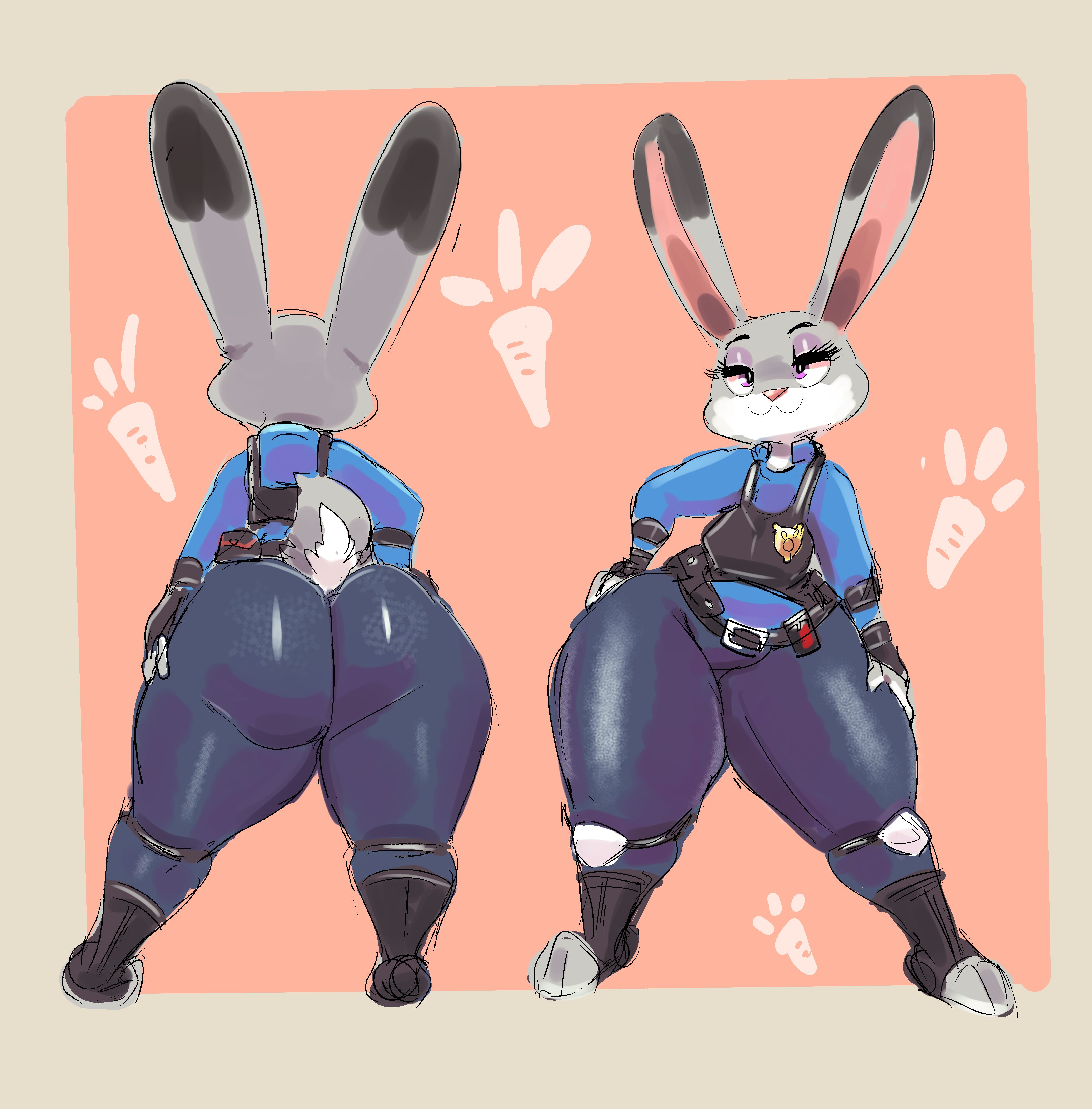 :3, 2021, 2d, 3 toes, anthro, ass, back view, big ass, big butt, bottom heavy, bubble ass, bubble butt, bunny, bunny ears, bunny girl, bunny tail, butt crack outline, carrot, clothing, disney, eyelashes, female, front view, grey fur, hands on ass, holding legs, judy hopps, kiseff, legs, looking at viewer, narrowed eyes, pink background, police, police uniform, policewoman, purple eyes, standing, thighs, zootopia