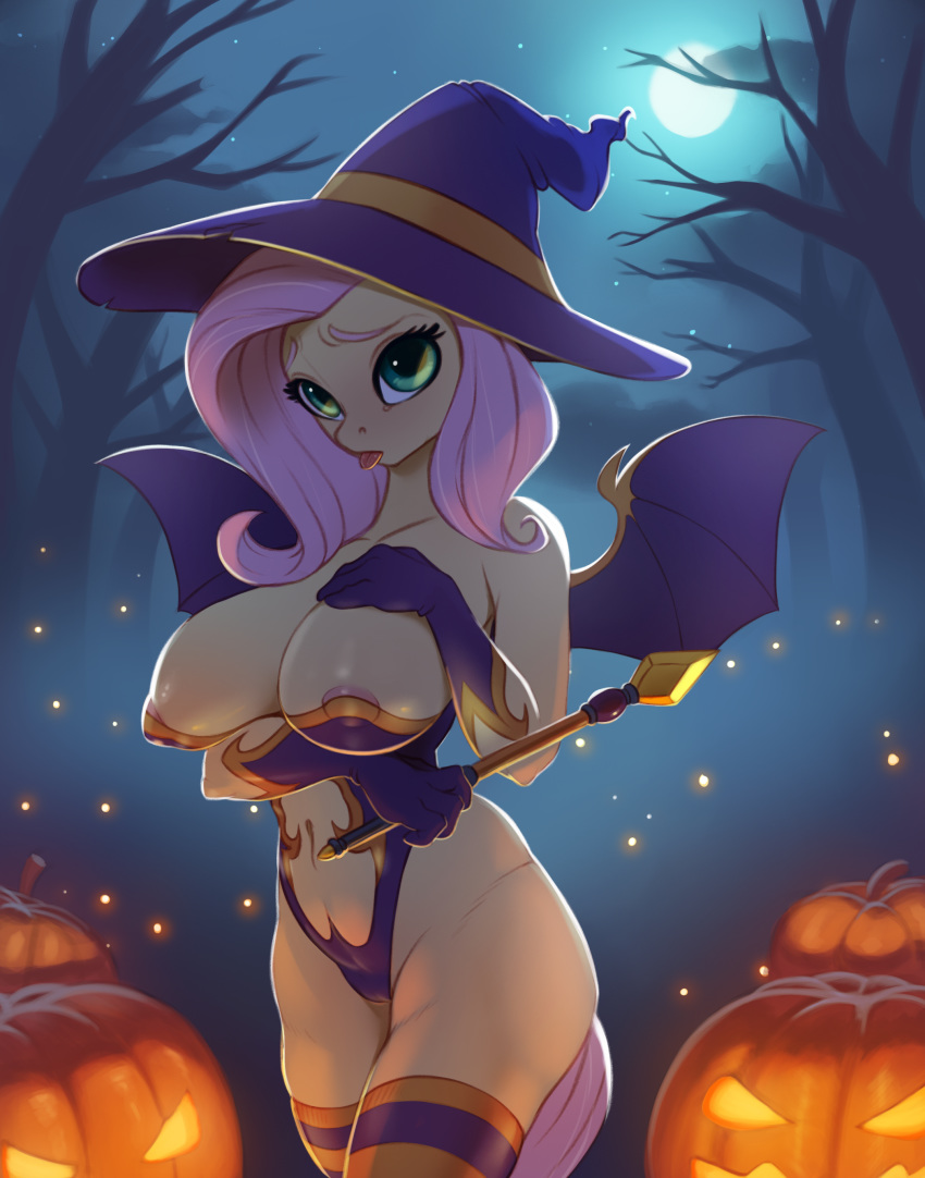 absurd_res anthro areola areola_slip arm_under_breasts bat_pony big_breasts breasts cleavage clothed clothing costume equid equine female fluttershy_(mlp) friendship_is_magic halloween halloween_costume hand_on_breast hasbro hat headgear headwear hi_res holidays jack-o'-lantern looking_at_viewer magic_user mammal my_little_pony navel nipple_outline one-piece_swimsuit skimpy solo straight_hair swimwear thick_thighs tight_clothing tongue tongue_out vistamage wand wide_hips witch witch_hat