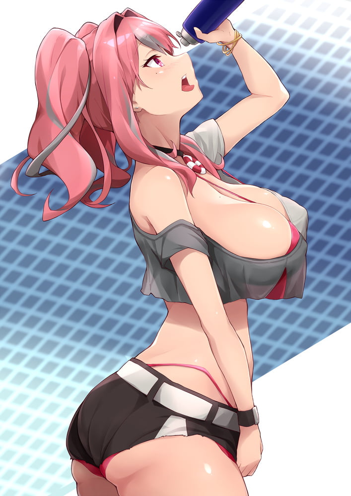 azur lane, big breasts, bikini, bra, breasts, bremerton (azur lane), bremerton (scorching-hot training) (azur lane), colored hair, covering, female, grey hair, large breasts, pink hair, solohentai, thong, underwear, water, water bottle