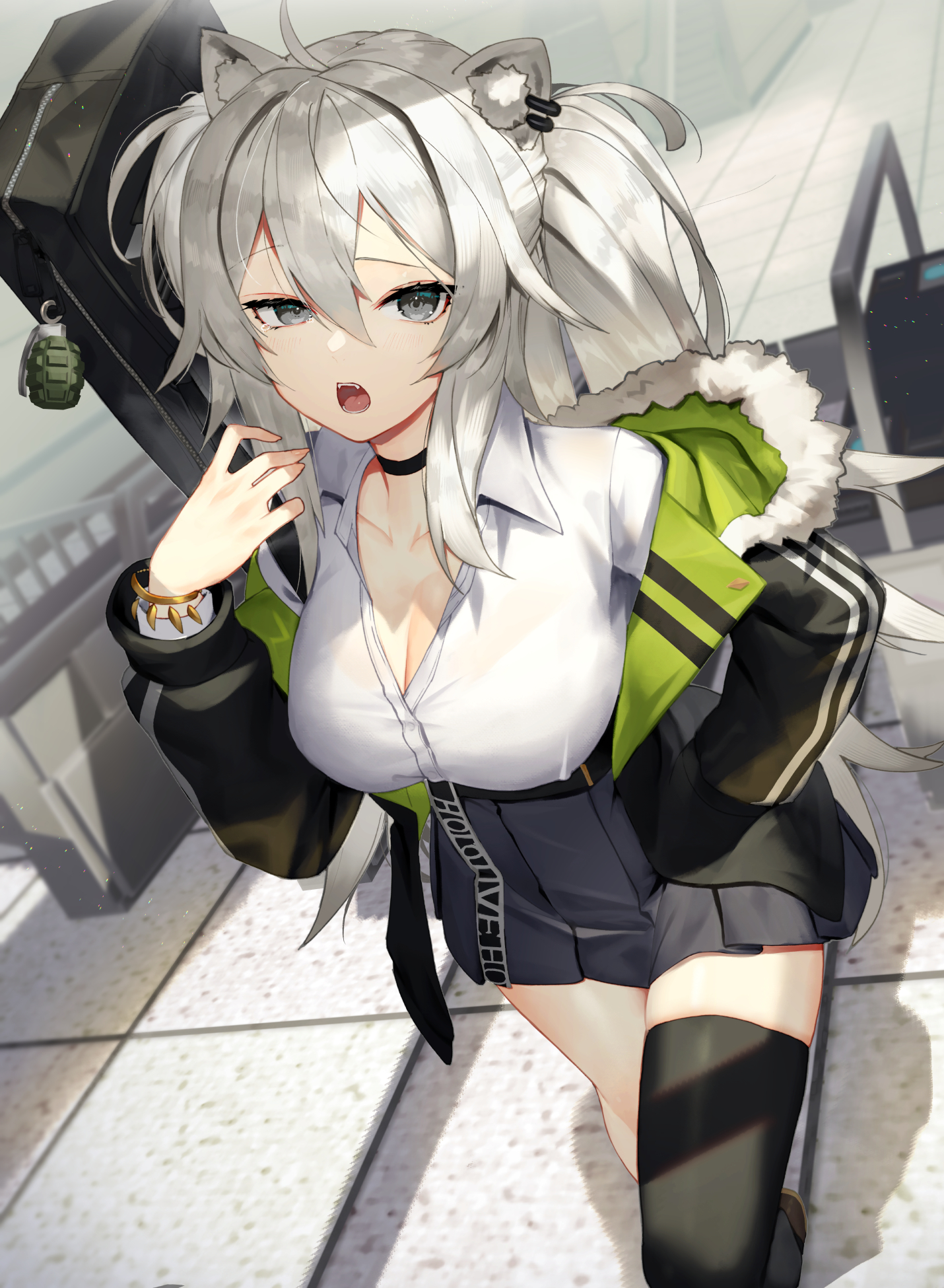animal ear fluff, choker, fangs, female, fully clothed, grenade, grey eyes, grey hair, hololive, hololive gen 5, hololive japan, jacket, kemonomimi, lion ears, lion girl, long hair, looking at viewer, scottie (artist), shishiro botan, short skirt, thighhighs, twintails, virtual youtuber, yawn