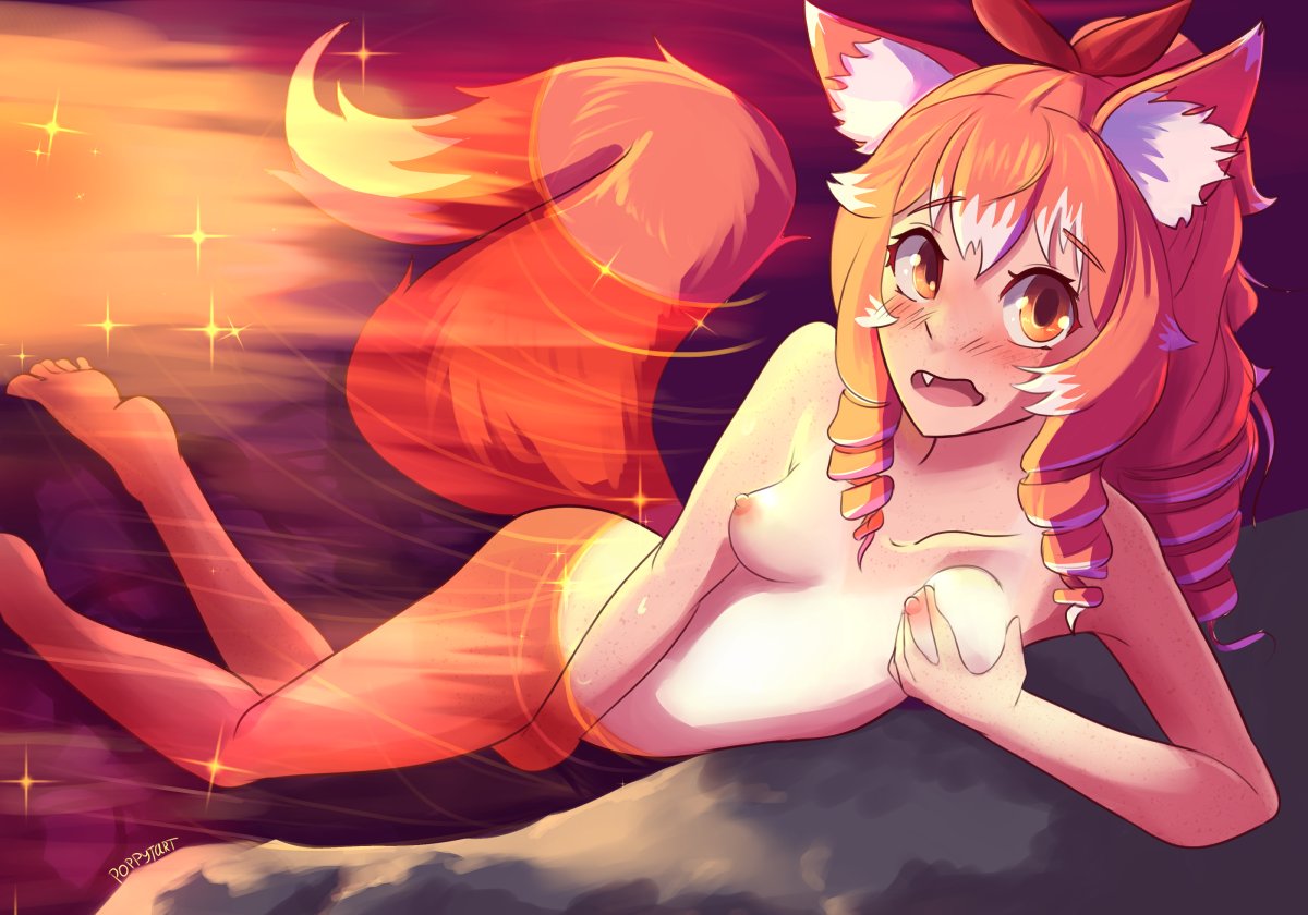 1girls animal_ears animal_tail blush breast_grab breasts brown_eyes caught caught_masturbating covering covering_breasts fox fox_ears fox_girl fox_tail freckles looking_at_viewer masturbation medium_breasts nipples onsen partially_submerged perky_breasts ponytail poppytart red_hair solo sunset surprised tira_(poppytart) water