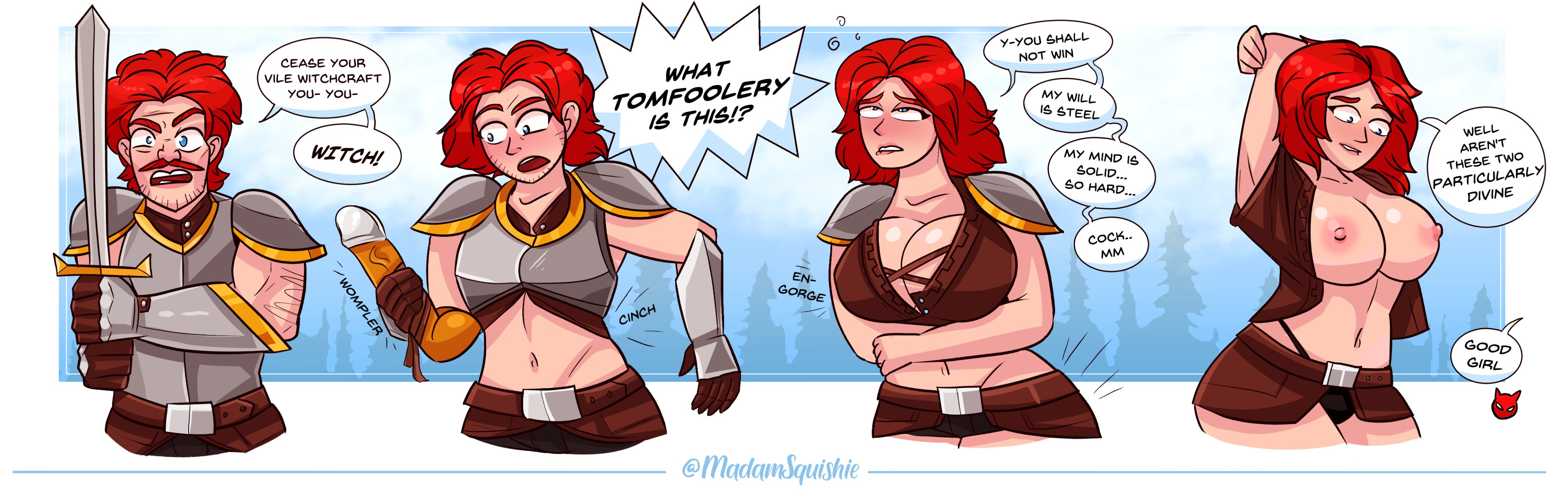 1boy, 1girls, areolae, blue eyes, breast expansion, breast growth, breast growth (enlargement), breasts, cleavage, dildo, female, gender transformation, genderswap, hair growth, large breasts, looking at viewer, madamsquishie, male, mtf transformation, navel, nipples, open shirt, red hair, rule 63, sequence, skirt, solo, speech bubble, sword, text, transformation