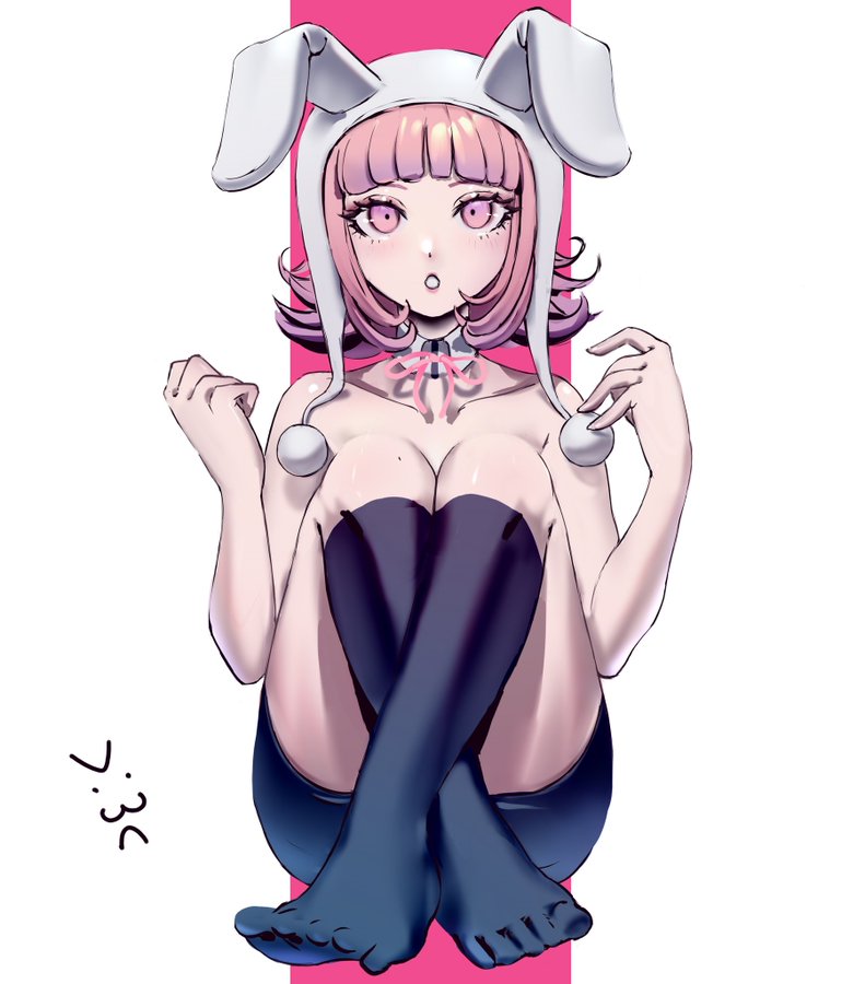 :o, april fools, bare shoulders, breasts, bunny ears, bunny girl, bunnysuit, costume, danganronpa, danganronpa 2: goodbye despair, feet, female, light skin, light-skinned female, looking up, medium breasts, nanami chiaki, pale skin, pale-skinned female, pink eyes, pink hair, short hair, sitting, socks, straight hair, super danganronpa 2, tight clothing