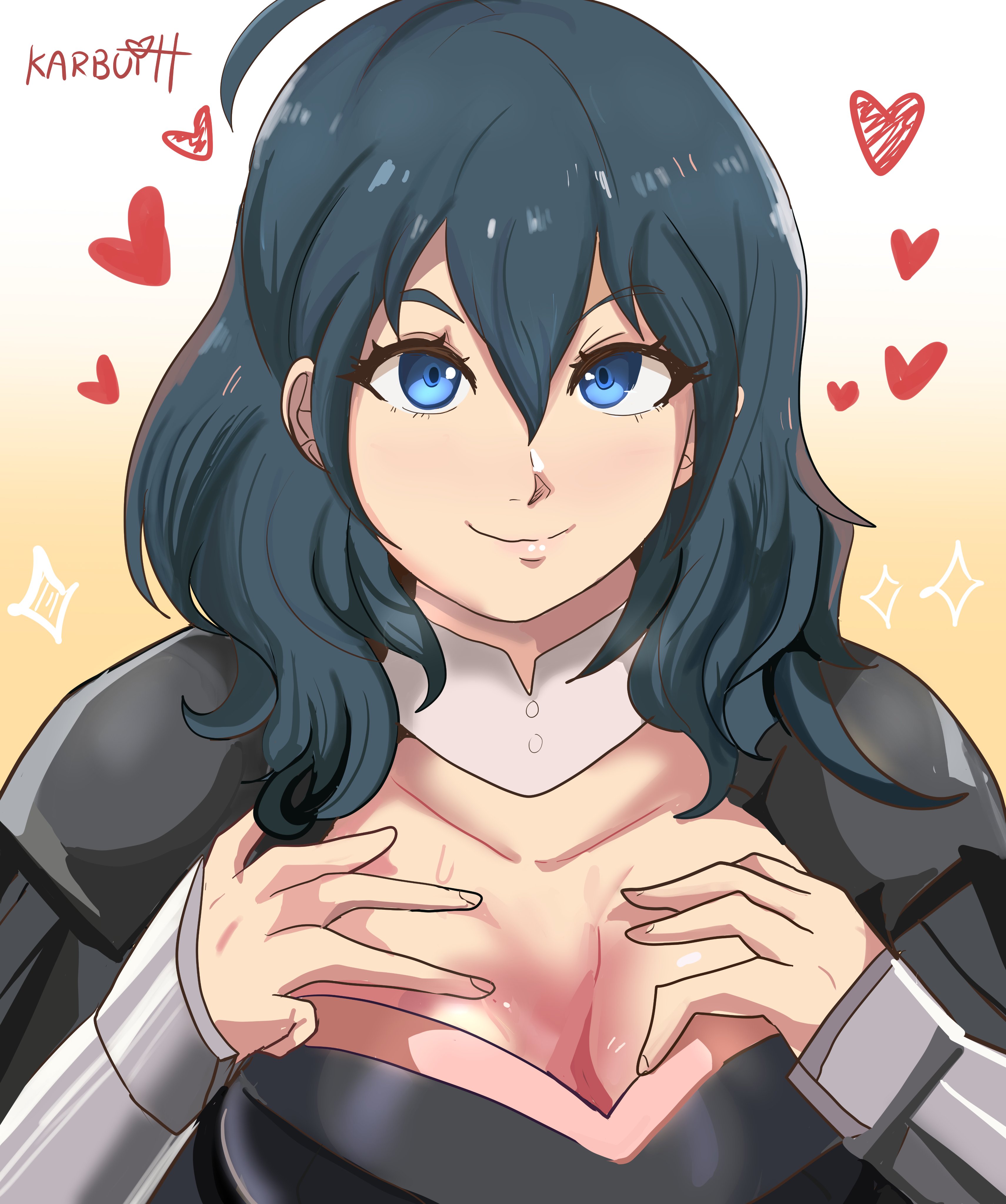 1girls, absurdres, armor, artist name, bangs, blue eyes, blue hair, bodice, breasts, bustier, byleth (fire emblem), byleth (fire emblem) (female), cleavage, clothed female, female, fire emblem, fire emblem: three houses, gauntlets, hair between eyes, heart, high resolution, highres, karbuitt, large breasts, looking at viewer, medium hair, nintendo, shoulder armor, smile, solo, spreading, teal hair, turtleneck, twitter username, upper body