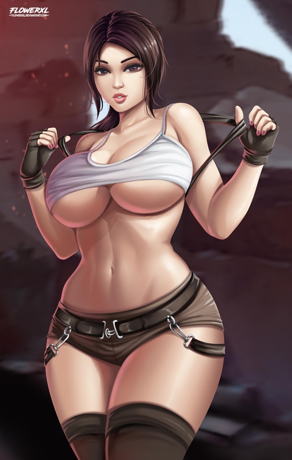 1girls, alternate version available, barely contained, barely contained breasts, big breasts, breasts, breasts too big, brown hair, clothed female, female, female focus, flowerxl, inconvenient breasts, lara croft, lara croft (classic), large breasts, long hair, no eyewear, short shorts, solo, solo female, solo focus, tight fit, tomb raider, tomb raider (classic), underboob, undersized clothes, undersized clothing, wide hips