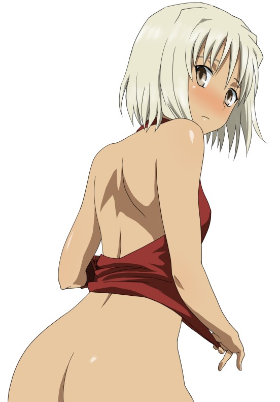 428_shibuya_scramble ass back bare_shoulders blush bottomless brown_eyes canaan canaan_(character) komatsu_(sakanae) looking_back no_panties short_hair simple_background solo undressing white_background