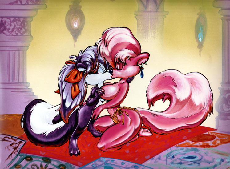 anthro bimbette breasts eyeshadow female fifi_la_fume fluffy_tail fondling fur furry harem jewelry kissing large_breasts medium_breasts navel nipples no_humans nude pink_fur purple_fur skunk source_request steve_martin tail tiny_toon_adventures tiny_toons warner_brothers white_hair yuri