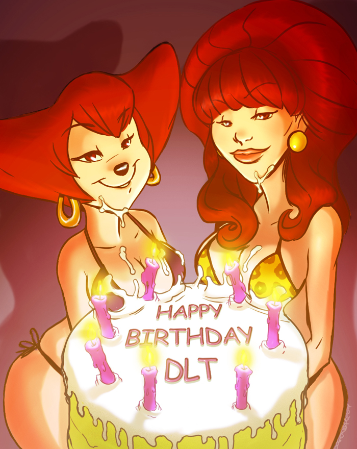 2girls bikini birthday_cake birthday_candle blunt_bangs bouffant bouffant_hair cleavage cowboy_shot crossover disney english_text facing_viewer female female_only goof_troop happy_birthday light_smile looking_at_viewer married_with_children medium_breasts milf name_connection namesake peg_pete peggy_bundy shoogerbare side-tie_bikini smile teased_hair text