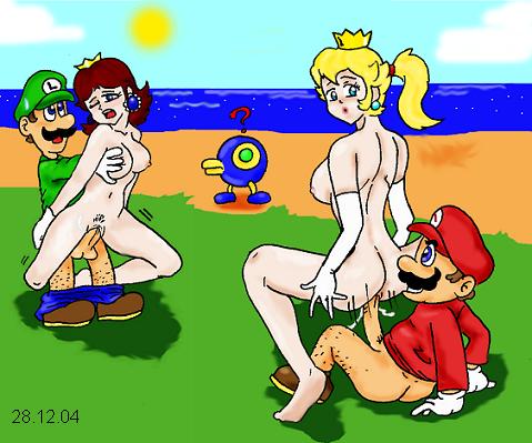 00s 2000s 2004 artist_request ass breasts brown_hair cataquack color dated elbow_gloves facial_hair female gloves hair human insertion luigi male mario mario_(series) moustache nintendo outdoors penis princess_daisy princess_peach sex straight straight_hair super_mario_bros. super_mario_sunshine