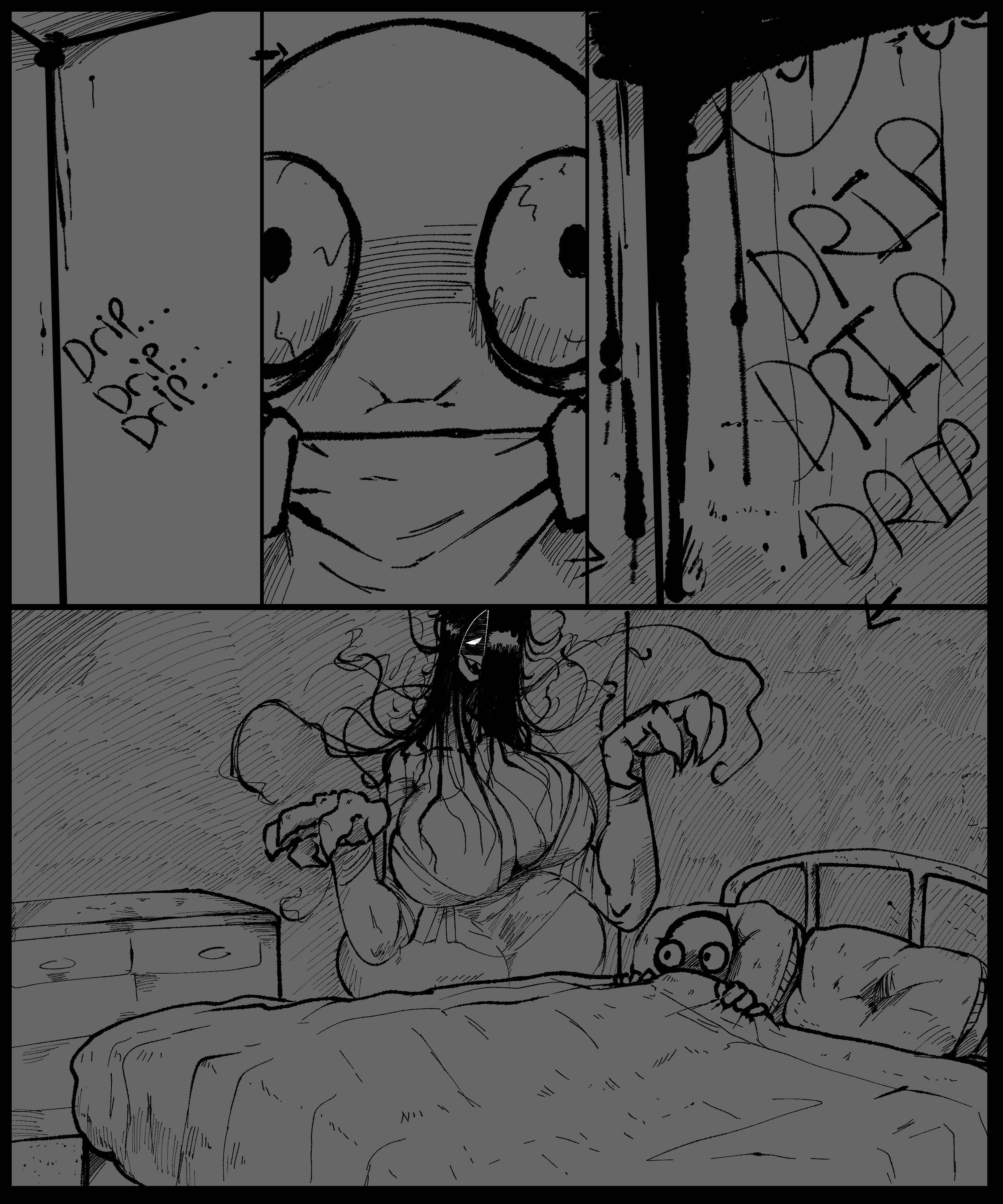 1boy, 1girls, bed, big breasts, black hair, breasts, comic, drip, english text, evil grin, female, ghost, hair, hair over one eye, horror, huge breasts, imminent rape, imminent sex, long hair, male, milf, monochrome, repomorame, shadow, sharp teeth, sheet grab, sheets, sleep paralysis demon, smile, sound effects, teeth, text