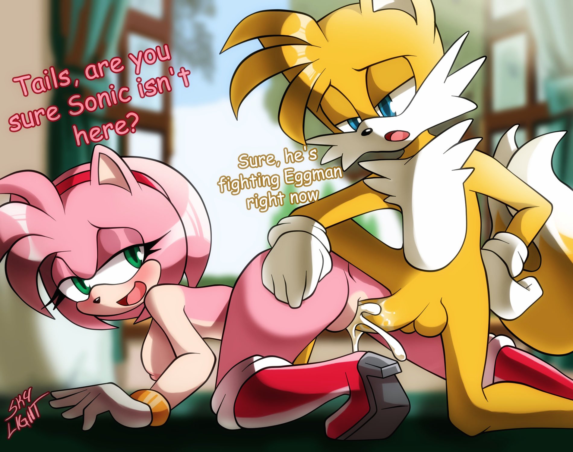 1boy, 1girls, amy rose, anus, cheating, clothing, cum, cum in pussy, cum inside, dialogue, english text, female, female penetrated, footwear, fur, furry, furry only, handwear, male, male penetrating, male penetrating female, male/female, miles prower, mostly nude, naked, netorare, nude, pussy, sega, sex, skylight (artist), sonic (series), sonic the hedgehog (series), tail, tails, tails the fox, text, vaginal, vaginal penetration