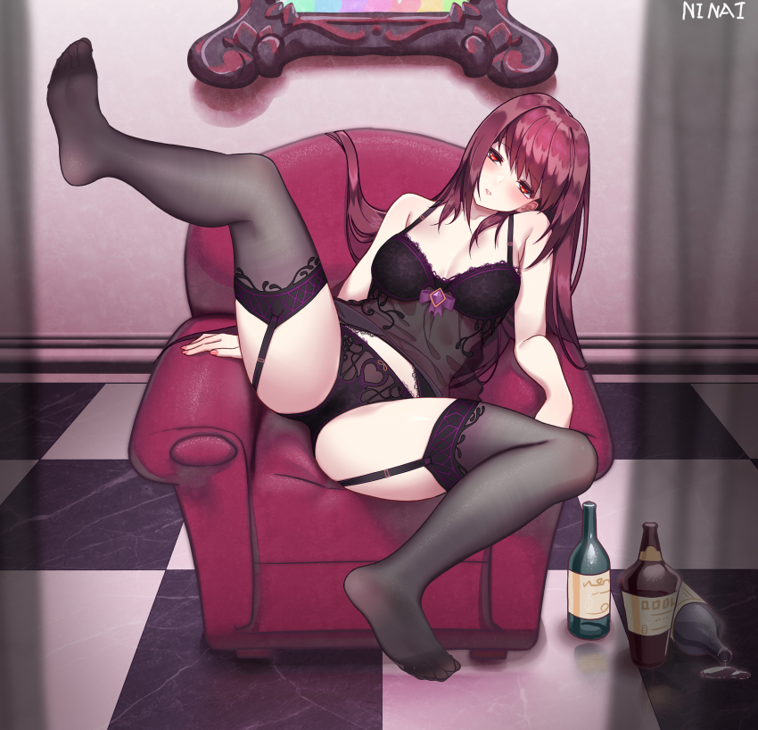 1girls alcohol alcohol_bottles drunk fate_(series) female female_only lingerie looking_at_viewer ninai panties purple_eyes purple_hair scathach_(fate) solo