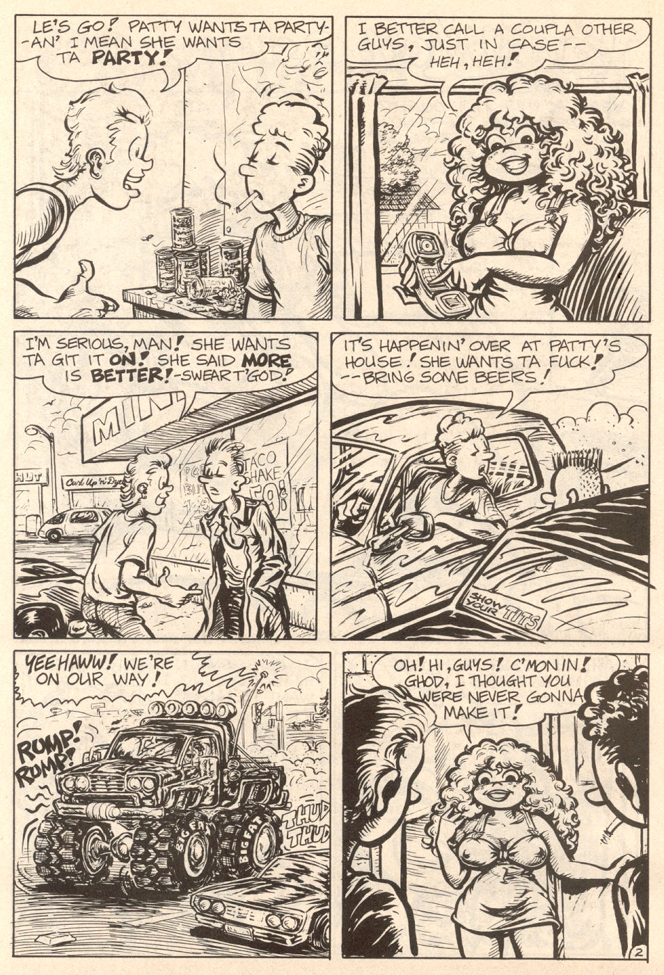 1991 1girls 4boys big_breasts big_hair black_and_white car cherry_poptart_(comic) comic comic_page curly_hair dialogue english_dialogue english_text larry_welz monochrome monster_truck page_2 patty_melt plump short_dress speech_bubble straight_hair tagme