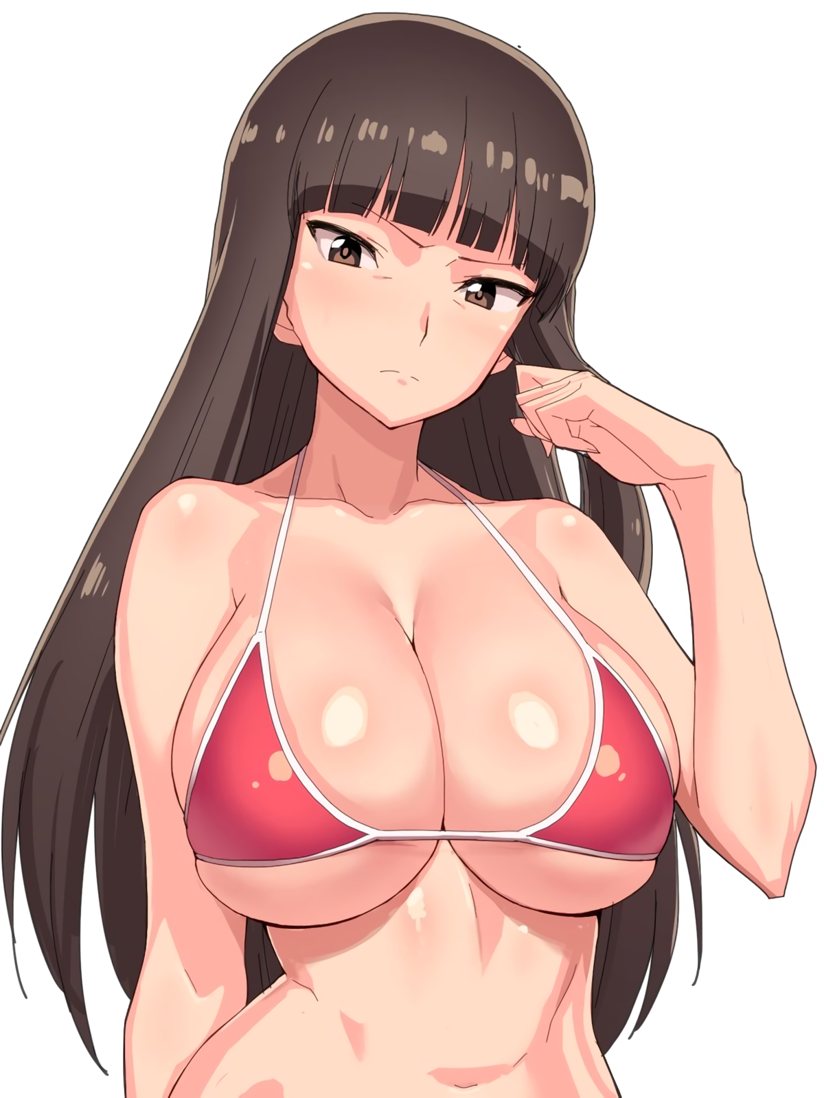 angry, bangs, bikini, blunt bangs, breasts, brown eyes, brown hair, cleavage, female, girls und panzer, hair tucking, high resolution, large breasts, long hair, milf, navel, nishizumi shiho, red bikini, simple background, skindentation, solo, sweatdrop, swimsuit, tenchisouha, white background