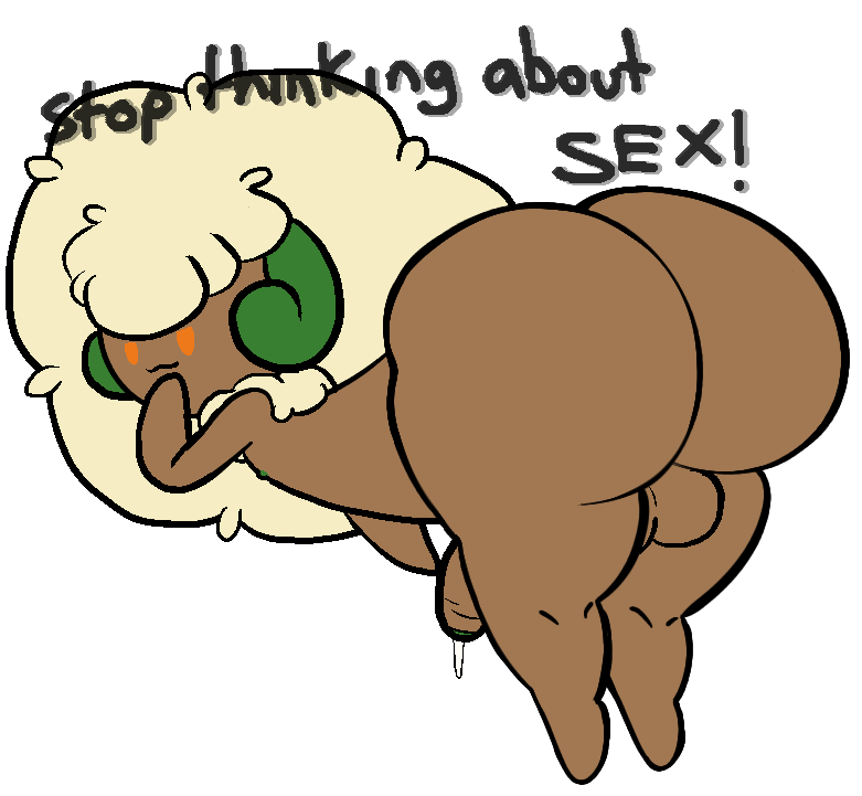 anonymous_artist anthro ass balls bent_over bodily_fluids cum cum_on_penis english_text foreskin genital_fluids genitals looking_at_viewer male meme nintendo nipples penis pokémon_(species) pokemon presenting presenting_hindquarters simple_background solo stop_thinking_about_sex text uncut video_games whimsicott white_background