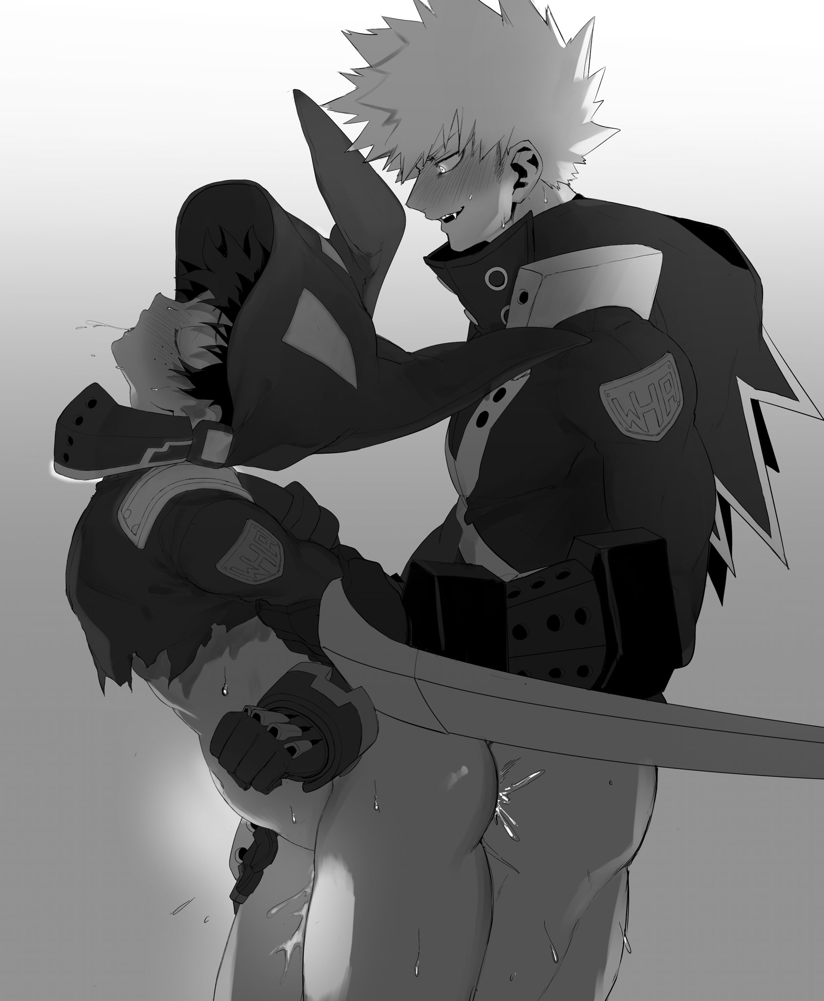2boys, anal, anal sex, ass, bare thighs, bodily fluids, clothing, cum, deku, dynamight, gay, goodbye glory, greyscale, hero outfit (mha), izuku midoriya, katsuki bakugou, male, male penetrated, male penetrating, male penetrating male, male/male, my hero academia, my hero academia the movie: world heroes’ mission, stomach bulge, yaoi