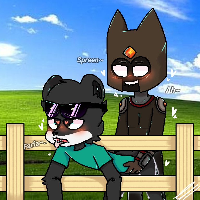 bear bear_ears black_fur blush cum farfadox furry gay hearts male male_only saliva spreendmc sunglasses tagme teal_shirt wailing white_fur windows_xp