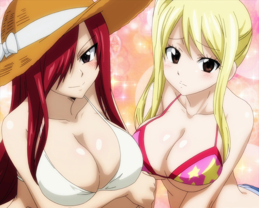 2girls, big breasts, bikini, blonde hair, blonde-haired female, breasts, brown eyes, cleavage, erza scarlet, fairy tail, fat breasts, female, female only, flat belly, large breasts, looking at viewer, lucy heartfilia, official art, red hair, red-haired female, swimsuit