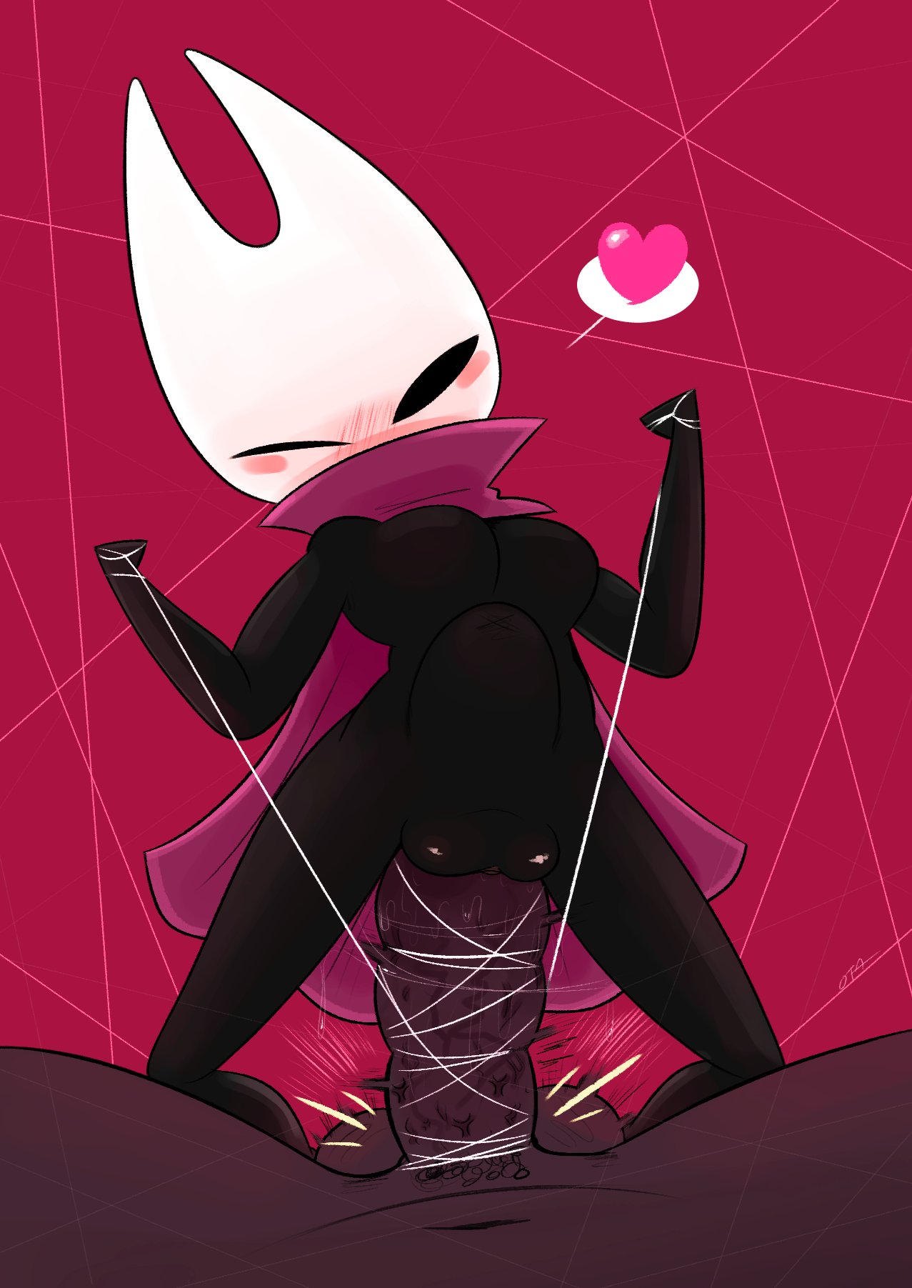 blush, breasts, cape, cloak, cute, dark skin, dark-skinned male, female, heart, hollow knight, hollow knight x humans, hornet (hollow knight), huge cock, human, male, male pov, nippleless, no source, ota (artist), penis, pov, red cape, riding, scarf, thick, thick thighs
