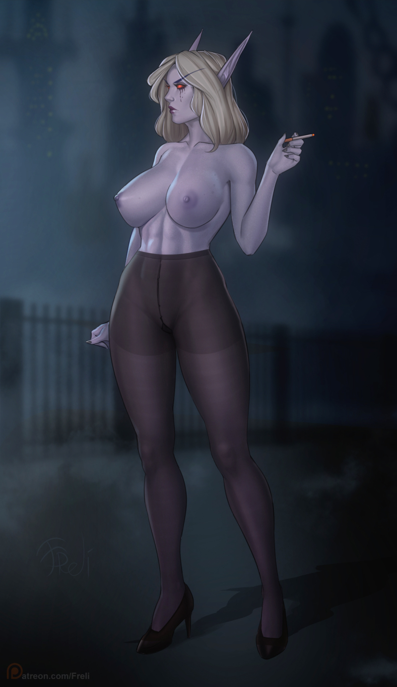 1girls, abs, alternate costume, areolae, blizzard entertainment, breasts, dark ranger, elf ears, female, female focus, female only, fit, fit female, freli, full body, high heels, large breasts, nipples, pale skin, pantyhose, pointy ears, purple skin, red eyes, smoke, smoking, solo, sylvanas windrunner, toned, toned female, topless, undead, warcraft, white hair, world of warcraft