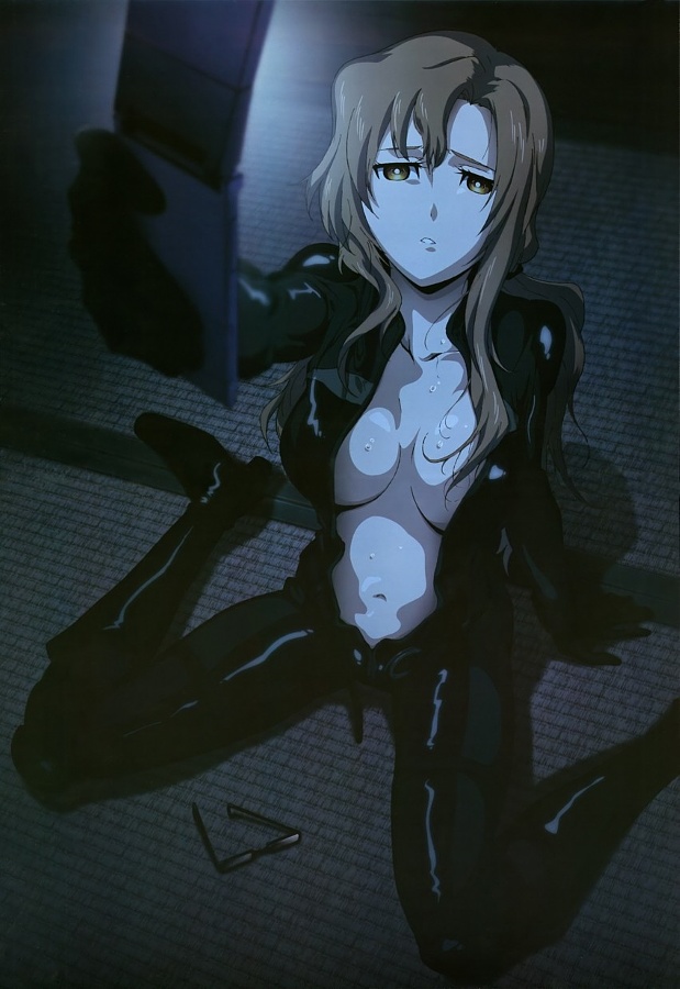 belly, belly button, big breasts, breasts, camera flash, dark room, female, glasses, heels, high-angle view, kiryuu moeka, latex, latex gloves, latex suit, light brown eyes, light brown hair, light hair, light skin, long hair, on floor, phone, solo, solo female, spandex, spandex suit, steins;gate, sweat