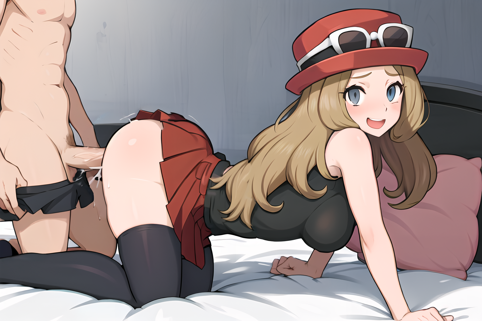 1boy, 1girls, ai generated, ass, bed, big penis, cfnm, clothed female nude male, clothed sex, doggy style, female, grey eyes, hat, long hair, male, nintendo, penis, pokemon, pokemon trainer, pokemon xy, serena (pokemon), sex, side view, thighhighs