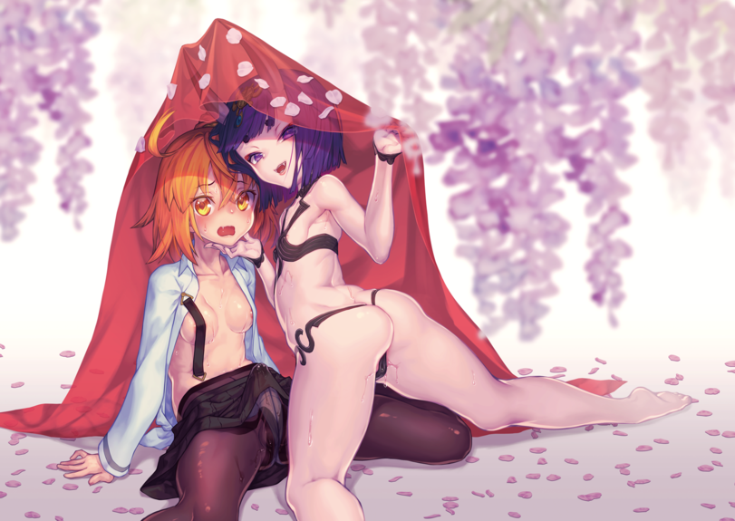 1futa, 1girls, ahoge, cfm, duo, embarrassed, erection under clothes, fate (series), fate/grand order, female, fujimaru ritsuka (female), futanari, gudako, intersex, kneeling, looking at viewer, looking back, nude, shuten douji (fate), sitting, tagme