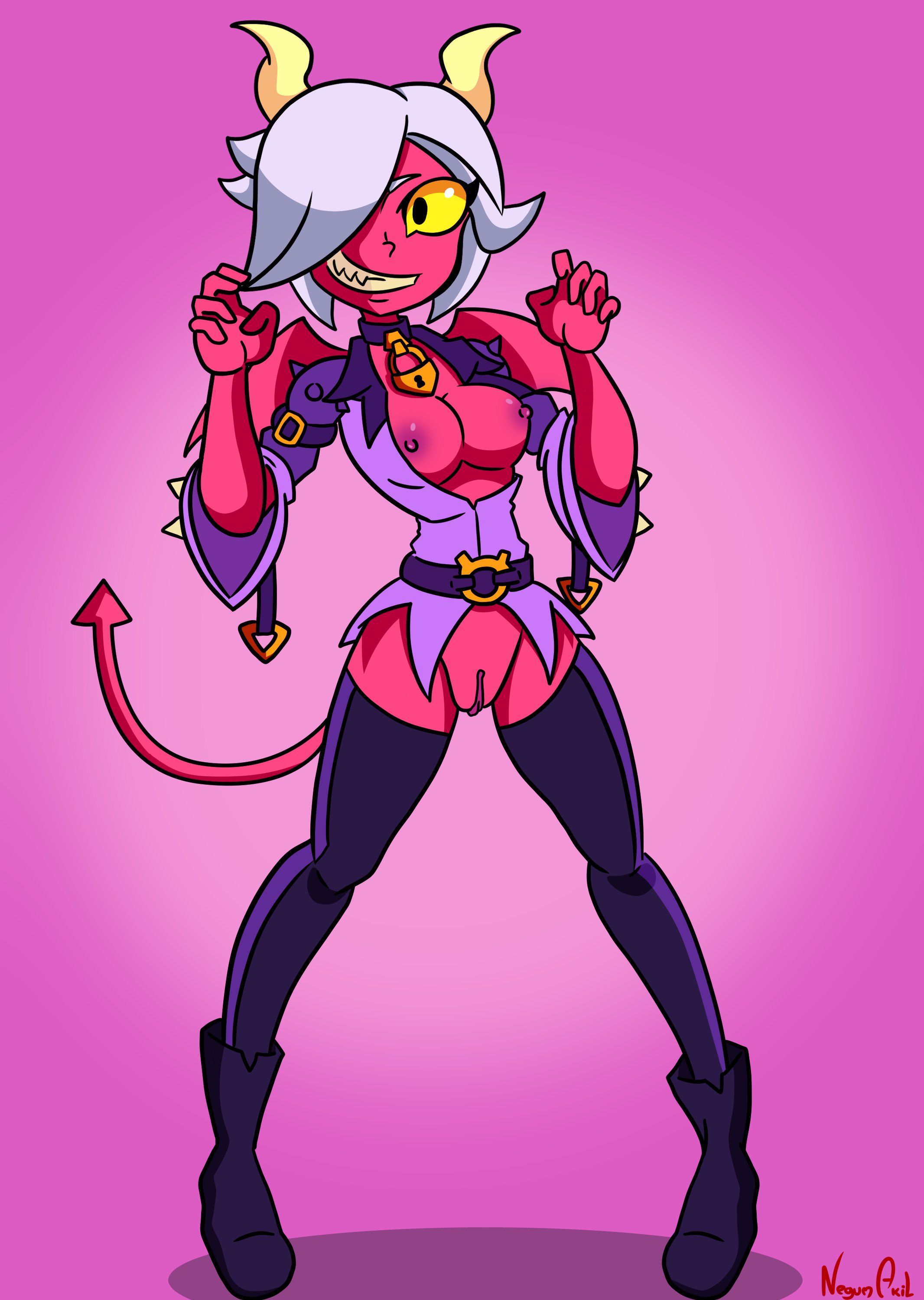1girls, brawl stars, breasts, colette (brawl stars), demon, demon girl, demon tail, eyelash, female, female only, hair over one eye, negum akil, no eyewear, nude, nude female, pink skin, sharp teeth, solo, solo female, tail, trixie colette (brawl stars), white hair, yellow sclera