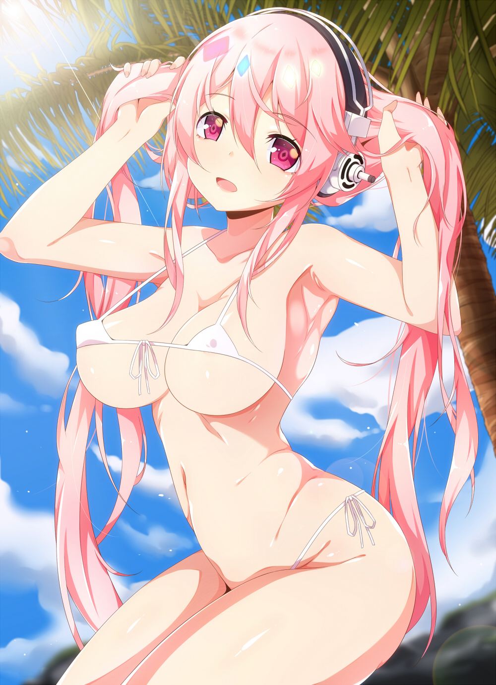 1girls, bikini, female, headphones, micro bikini, nitroplus, pink hair, sky, solo, super sonico, white bikini