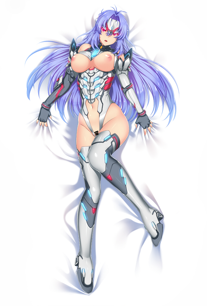 bar_censor bare_shoulders bed_sheet blade_(xenoblade) blue_hair breasts censored dakimakura_(medium) elbow_gloves expressionless female forehead_protector full_body gloves hair_between_eyes hair_spread_out kos-mos kos-mos_re: large_breasts leotard long_hair looking_at_viewer lying megatama navel nipples on_back red_eyes sheet_grab solo thighhighs very_long_hair xenoblade_(series) xenoblade_chronicles_2 xenosaga