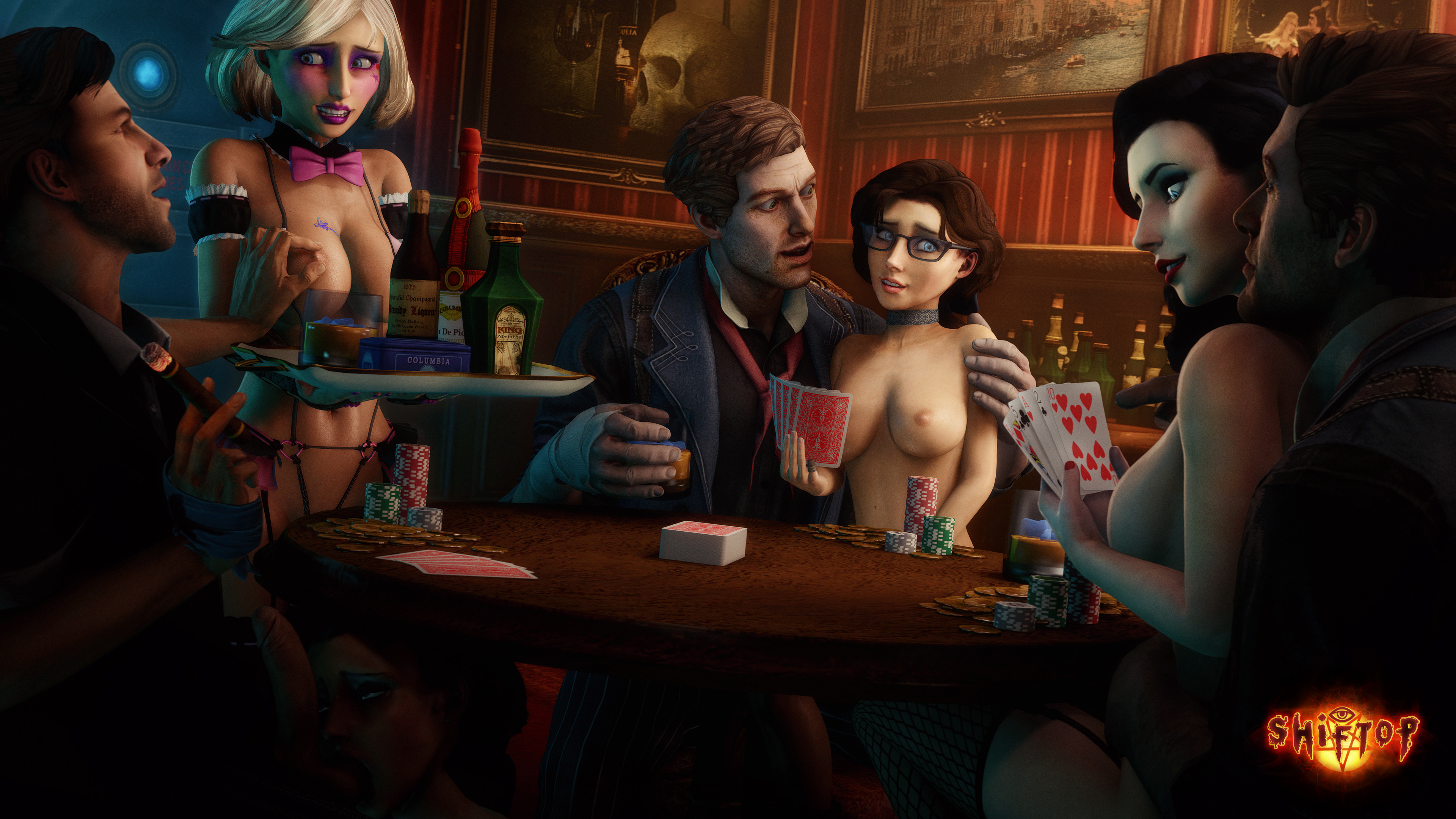 3boys, 3d, 3d (artwork), 4girls, alternate hair color, before sex, big breasts, bioshock, bioshock infinite, black hair, blonde hair, booker dewitt, breasts, brown hair, burial at sea, busty, daughter, drunk, elizabeth comstock, erection, father, father and daughter, female, fishnets, incest, large breasts, looking at viewer, male, nipples, nude, prostitution, satisfied, shiftop, source filmmaker, thighhighs, waitress, young