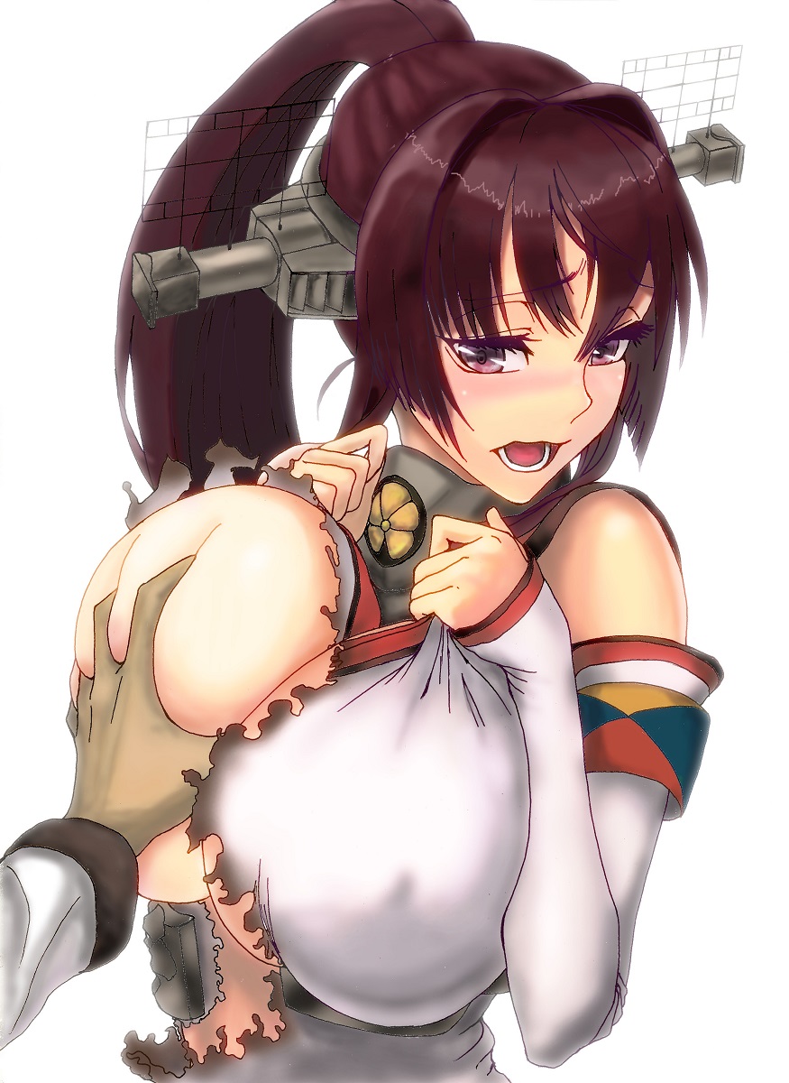 breast grab, breasts, female, huge breasts, kantai collection, open mouth, simple background, tagme, tomiokasena, yamato (kantai collection)