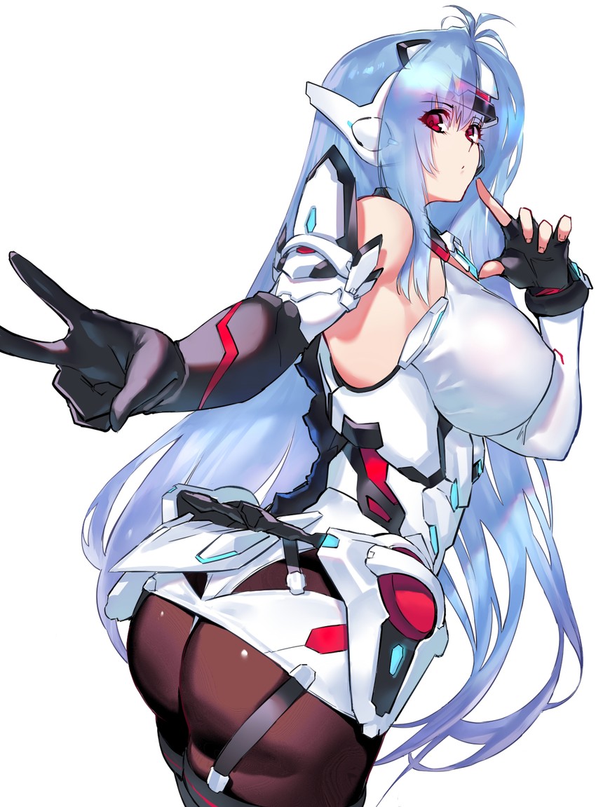 ass bare_shoulders blade_(xenoblade) blue_hair breasts cute cyborg elbow_gloves expressionless female forehead_protector gloves highres kos-mos kos-mos_re: large_breasts long_hair looking_at_viewer negresco pantyhose red_eyes simple_background standing v very_long_hair white_background xenoblade_(series) xenoblade_chronicles_2 xenosaga