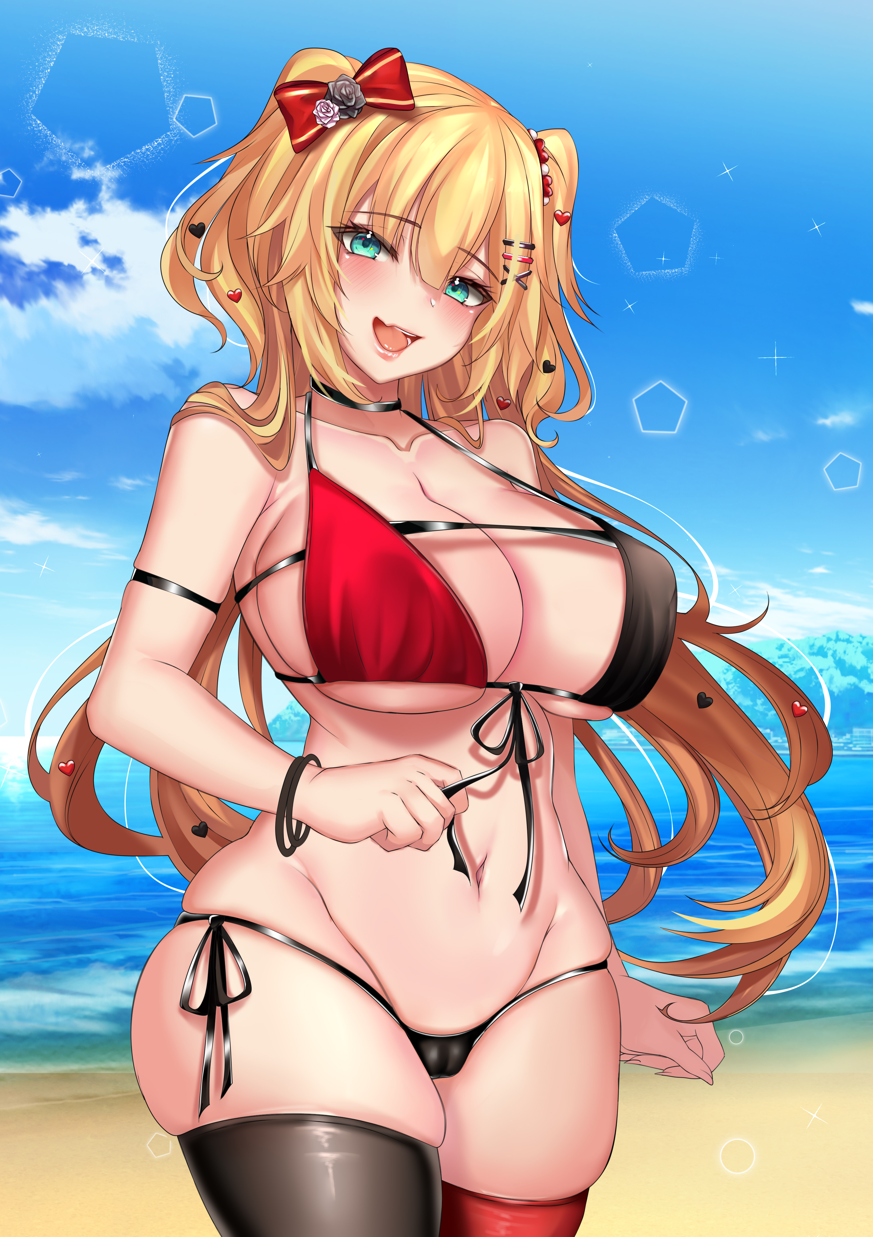1girls, akai haato, beach, big thighs, bikini, blonde hair, breasts, clothed, female, female only, front-tie bikini, hair ornament, hair ribbon, hololive, hololive gen 1, hololive japan, huge breasts, nyctea, skin fang, solo, solo female, tagme, thick thighs, thighhighs, tight clothing, tight fit, underboob, virtual youtuber, zettai ryouiki