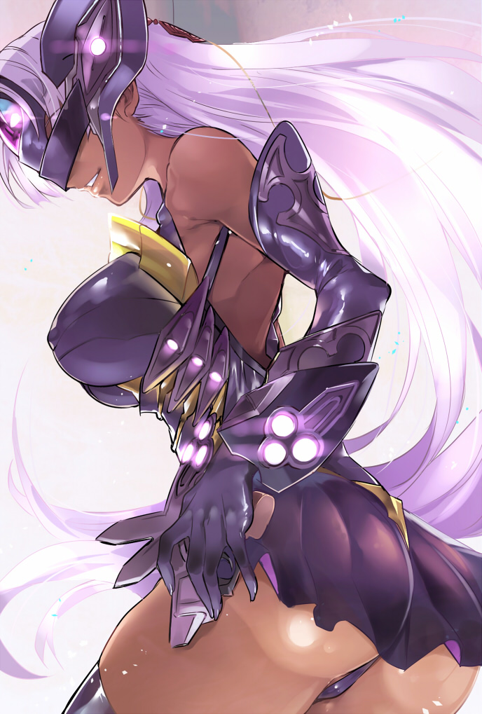 ass bare_shoulders black_legwear black_leotard breasts commentary_request covered_nipples dark-skinned_female dark_skin elbow_gloves female forehead_protector from_behind gloves glowing headgear hijiri large_breasts leotard light_purple_hair lips long_hair looking_at_viewer parted_lips shiny shiny_clothes shiny_hair shiny_skin skirt solo standing t-elos t-elos_re: teeth thighhighs xenoblade_(series) xenoblade_chronicles_2 xenosaga xenosaga_episode_iii