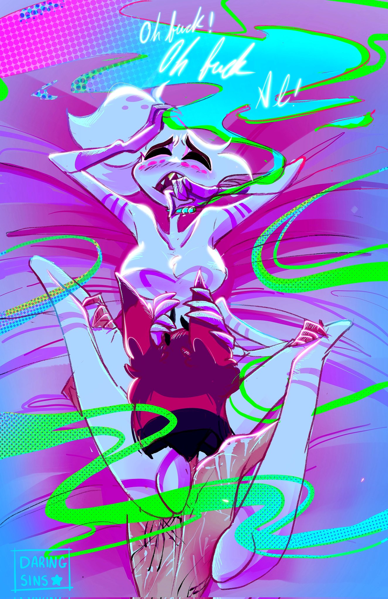 2boys, alastor (hazbin hotel), angel dust (hazbin hotel), between legs, blowjob, blush, chest tuft, closed eyes, demon, drugs, fellatio, femboy, gay, hazbin hotel, male, male only, male/male, naked, nude, red hair, scar, scratches, spread legs, text, the daringsins, thighs, white fur, white hair, yaoi