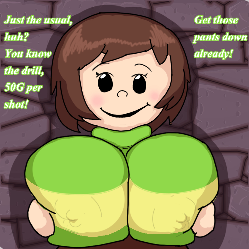 :), 1girls, 2d, bgunn, big breasts, breasts, brown hair, chara, comic, english text, female, female chara, female only, green sweater, huge breasts, light skin, light-skinned female, paizuri, solo, tagme, talking, talking to viewer, text, undertale, undertale (series), video games